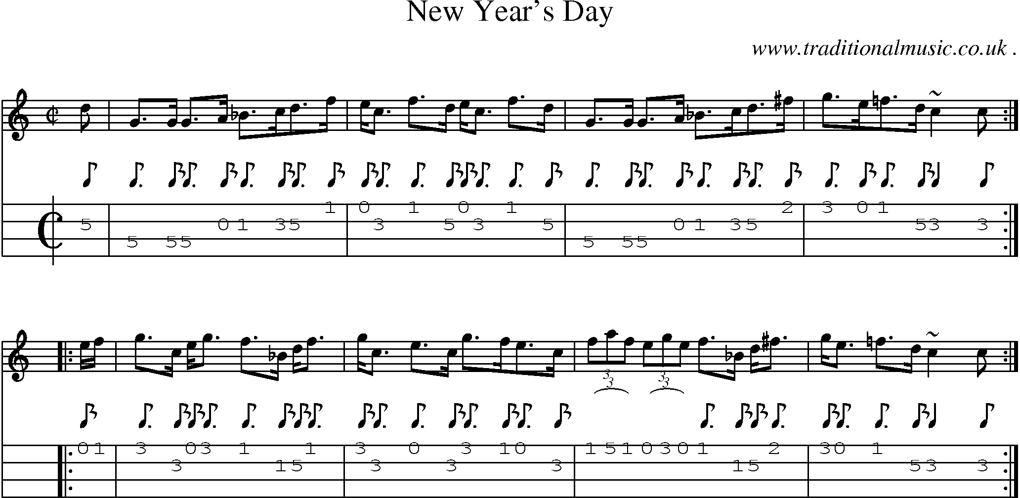 Sheet-music  score, Chords and Mandolin Tabs for New Years Day 