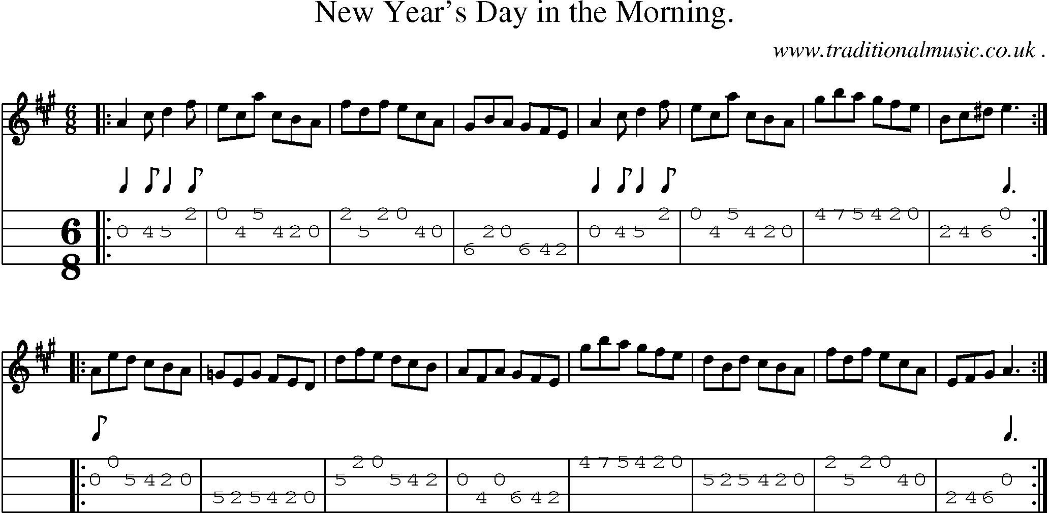 Sheet-music  score, Chords and Mandolin Tabs for New Years Day In The Morning