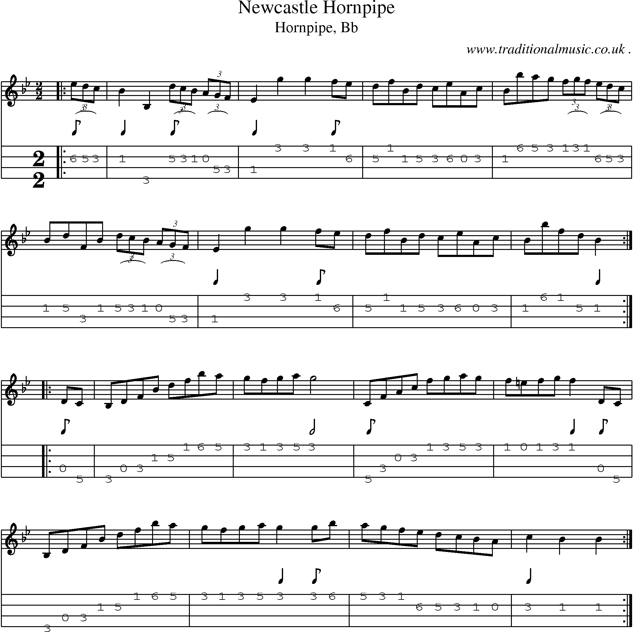 Sheet-music  score, Chords and Mandolin Tabs for Newcastle Hornpipe
