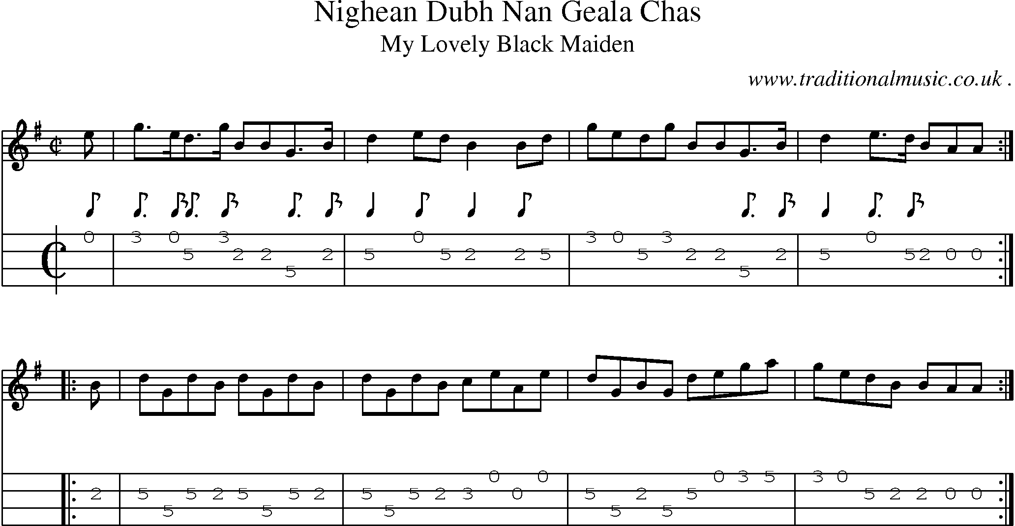 Sheet-music  score, Chords and Mandolin Tabs for Nighean Dubh Nan Geala Chas