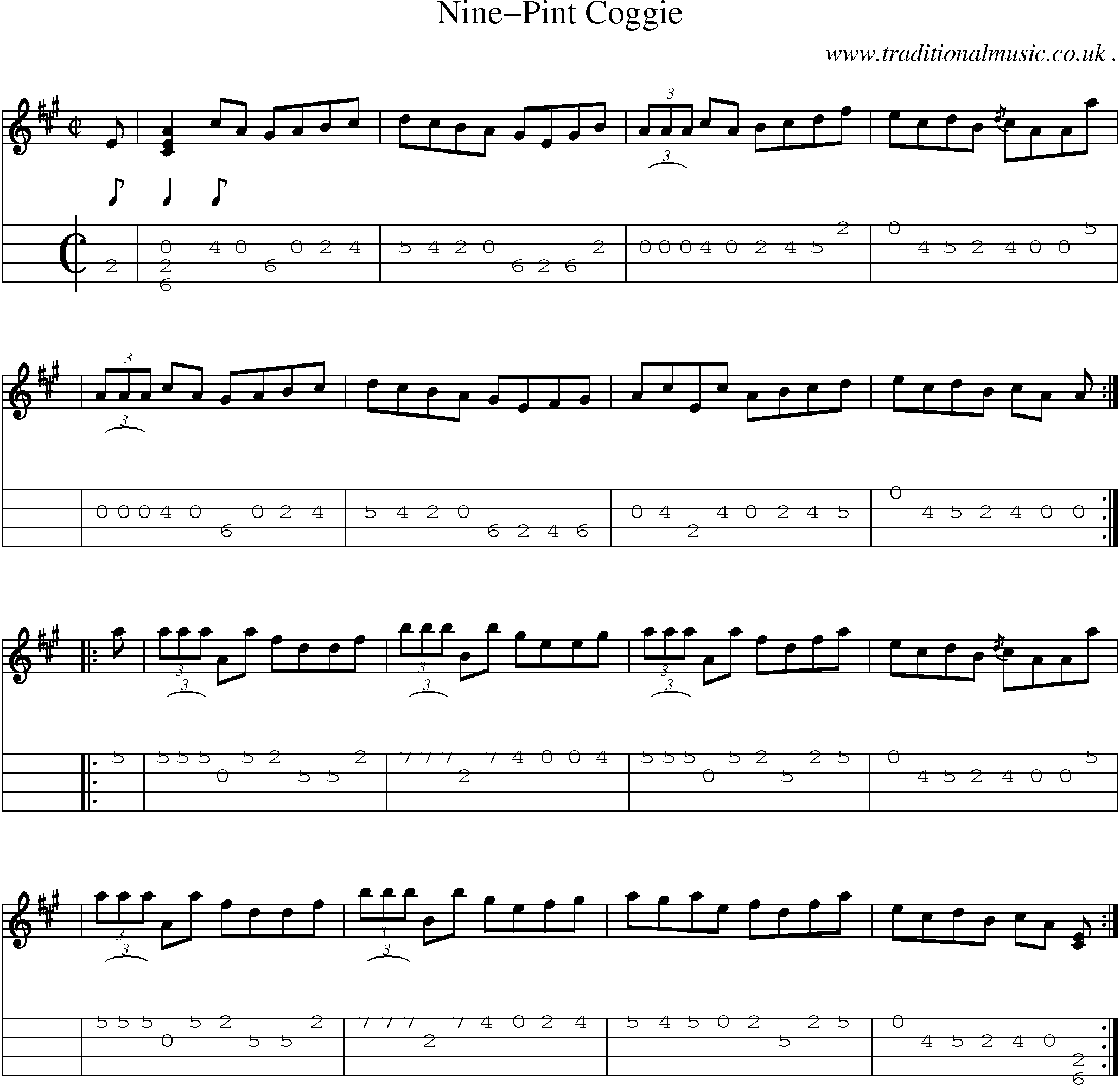 Sheet-music  score, Chords and Mandolin Tabs for Nine-pint Coggie