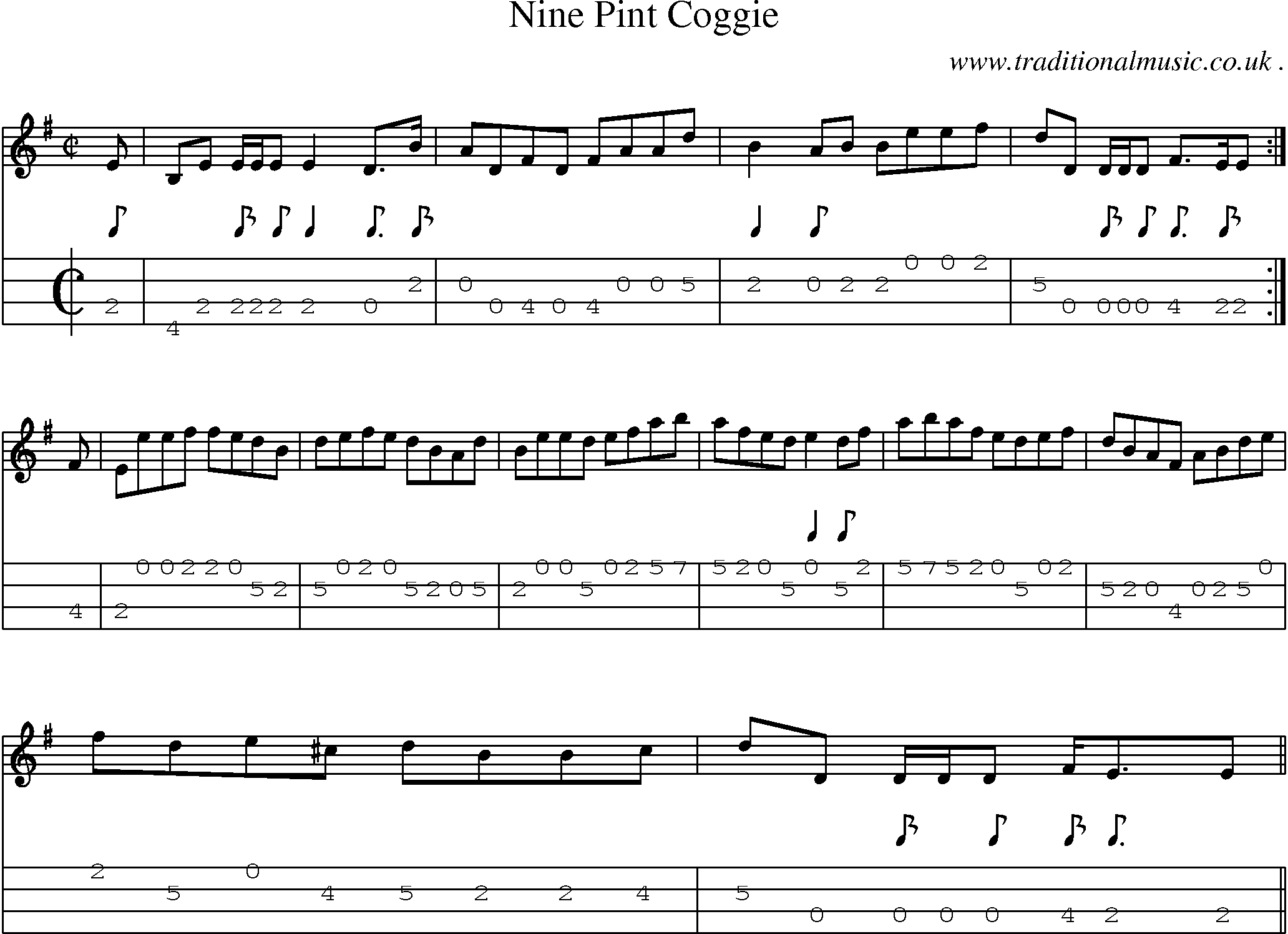 Sheet-music  score, Chords and Mandolin Tabs for Nine Pint Coggie