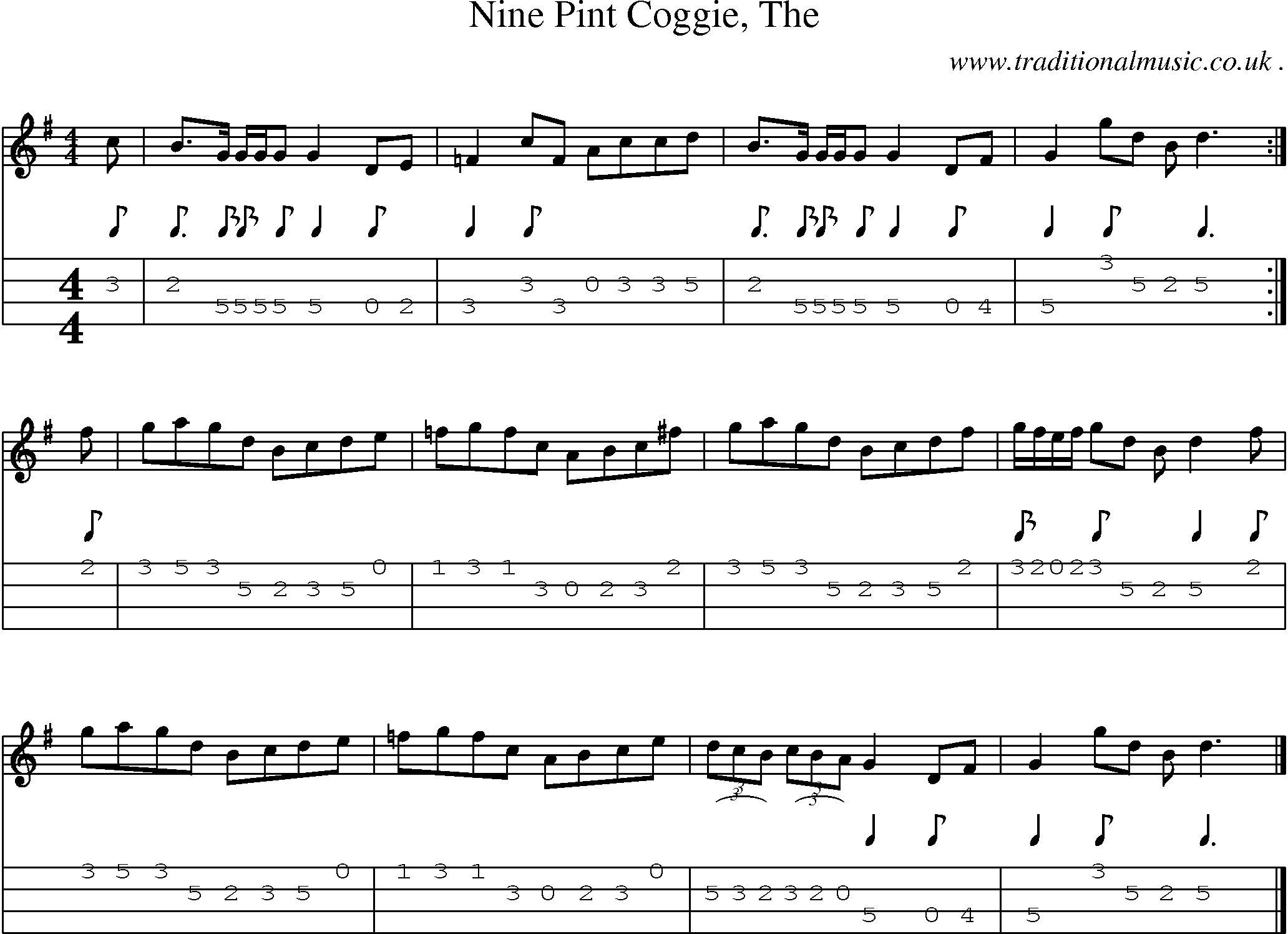 Sheet-music  score, Chords and Mandolin Tabs for Nine Pint Coggie The