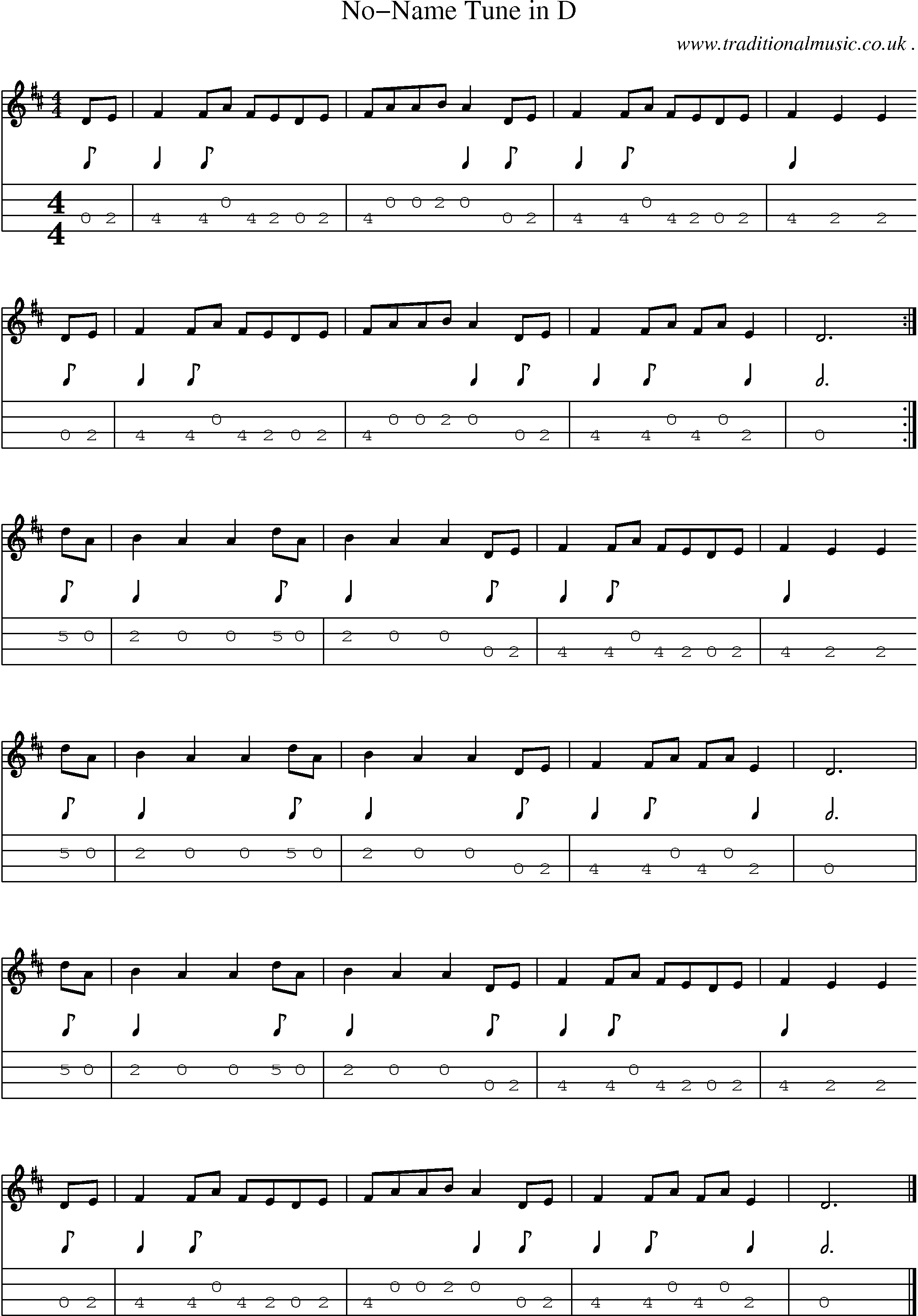 Sheet-music  score, Chords and Mandolin Tabs for No-name Tune In D