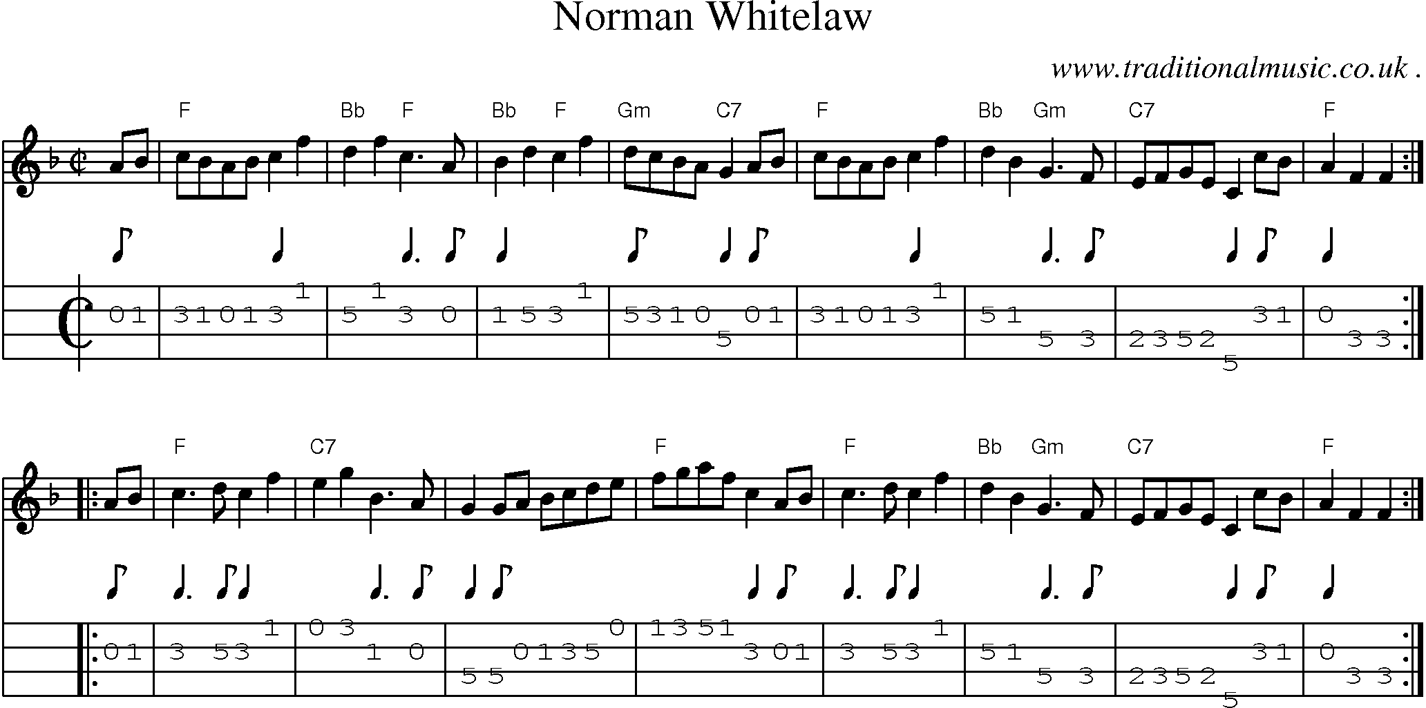 Sheet-music  score, Chords and Mandolin Tabs for Norman Whitelaw