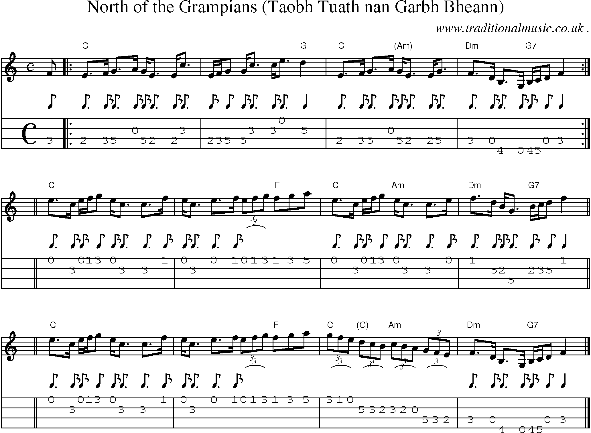 Sheet-music  score, Chords and Mandolin Tabs for North Of The Grampians Taobh Tuath Nan Garbh Bheann