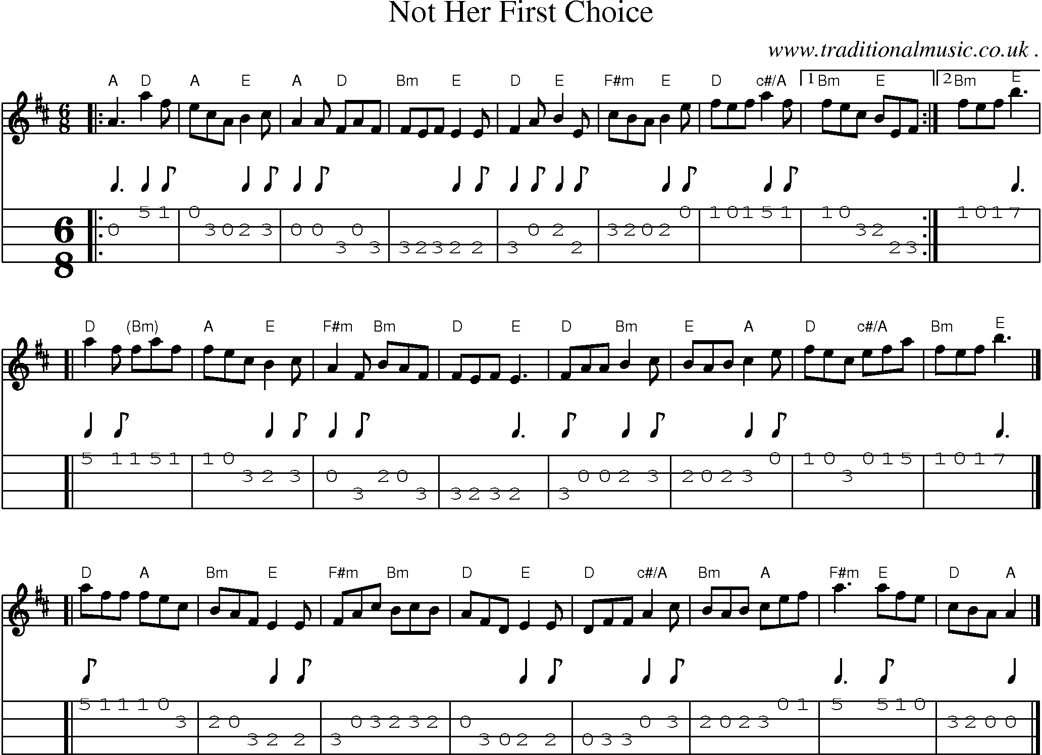 Sheet-music  score, Chords and Mandolin Tabs for Not Her First Choice