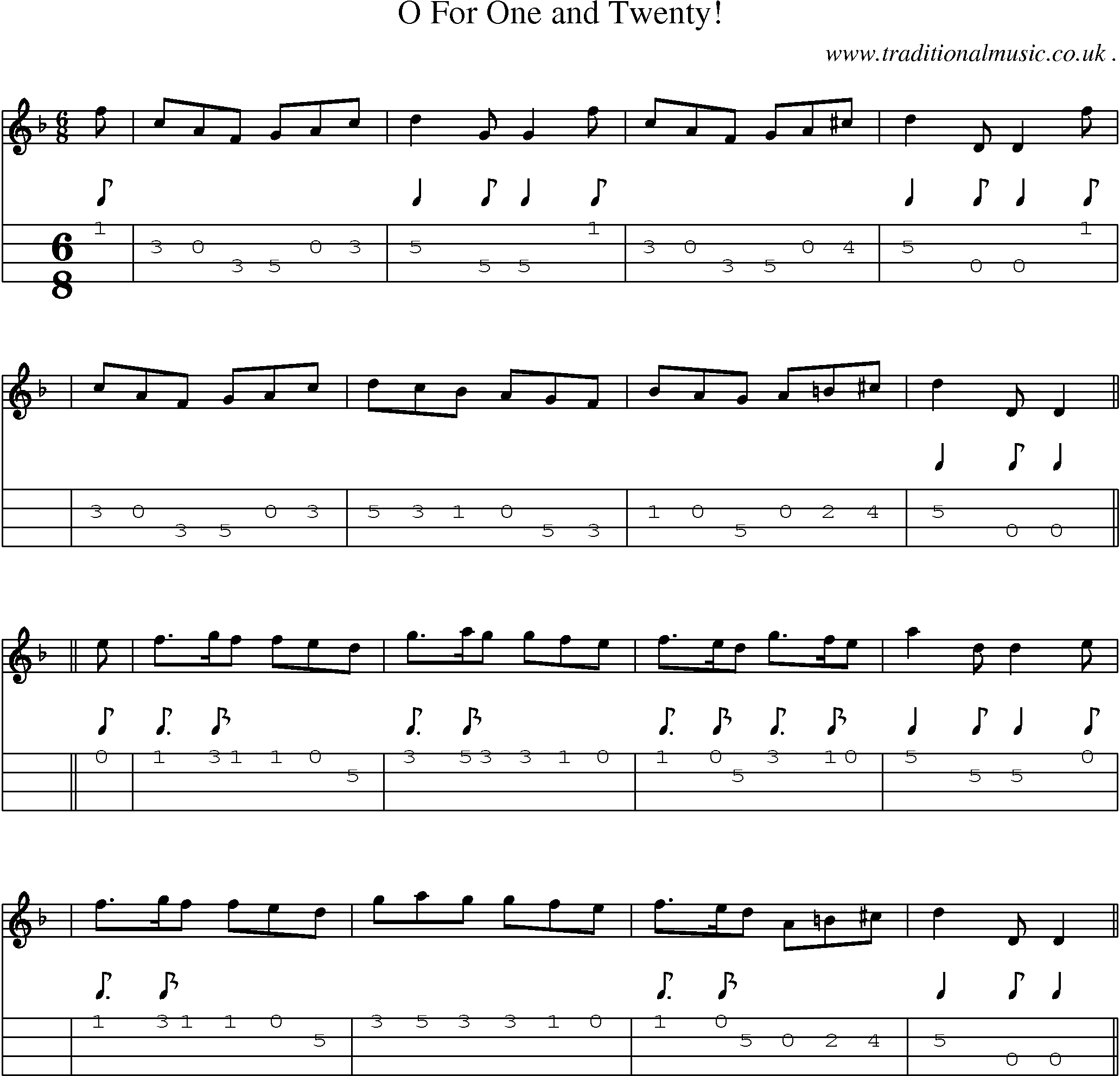 Sheet-music  score, Chords and Mandolin Tabs for O For One And Twenty!