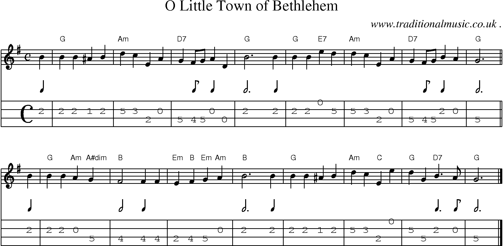 Sheet-music  score, Chords and Mandolin Tabs for O Little Town Of Bethlehem