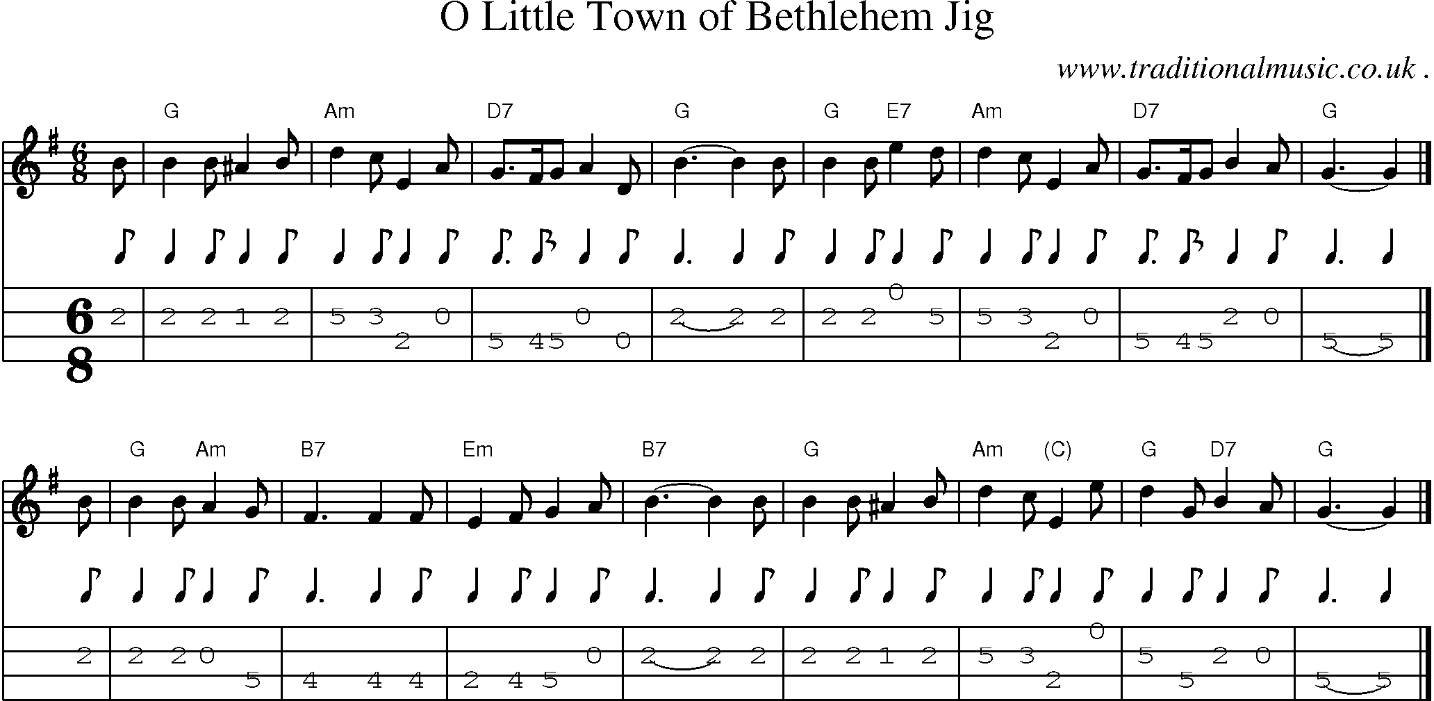 Sheet-music  score, Chords and Mandolin Tabs for O Little Town Of Bethlehem Jig