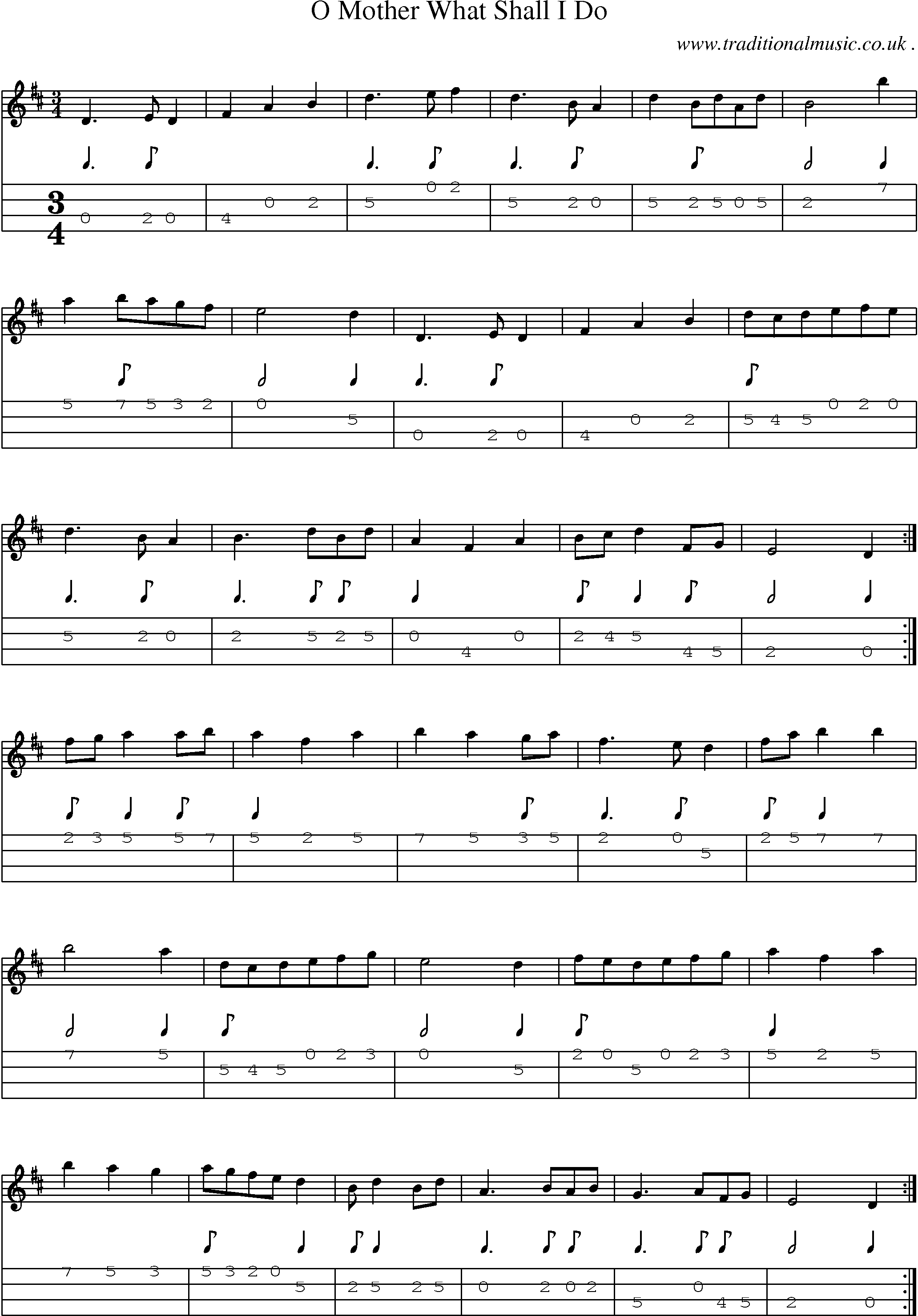 Sheet-music  score, Chords and Mandolin Tabs for O Mother What Shall I Do