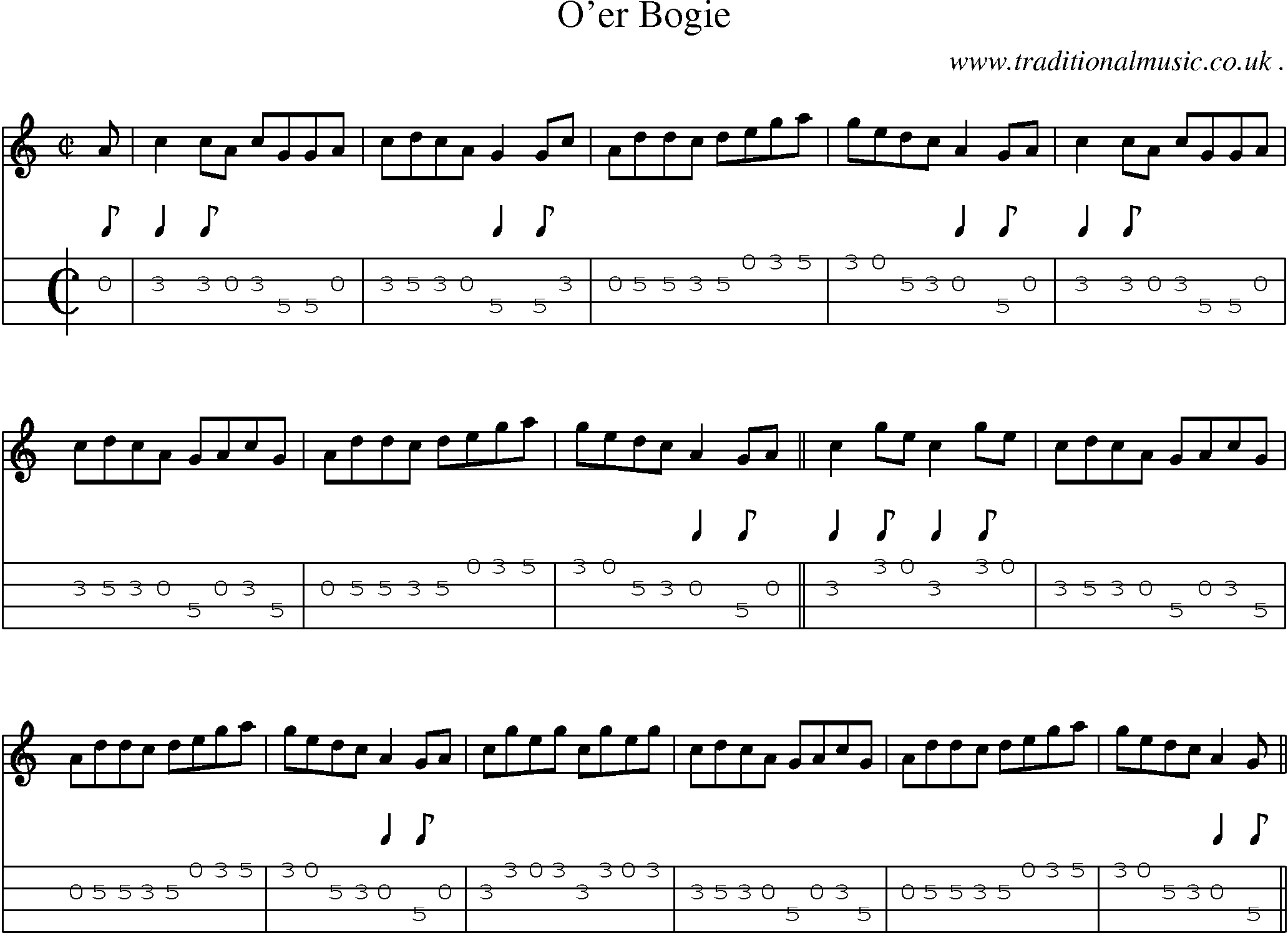 Sheet-music  score, Chords and Mandolin Tabs for Oer Bogie