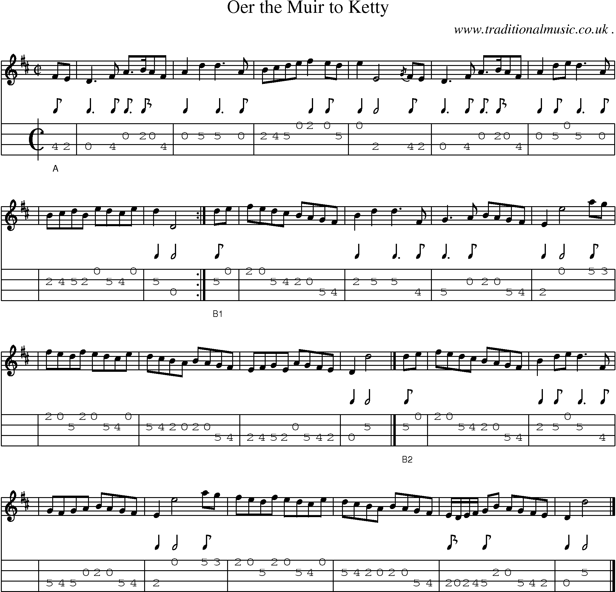 Sheet-music  score, Chords and Mandolin Tabs for Oer The Muir To Ketty