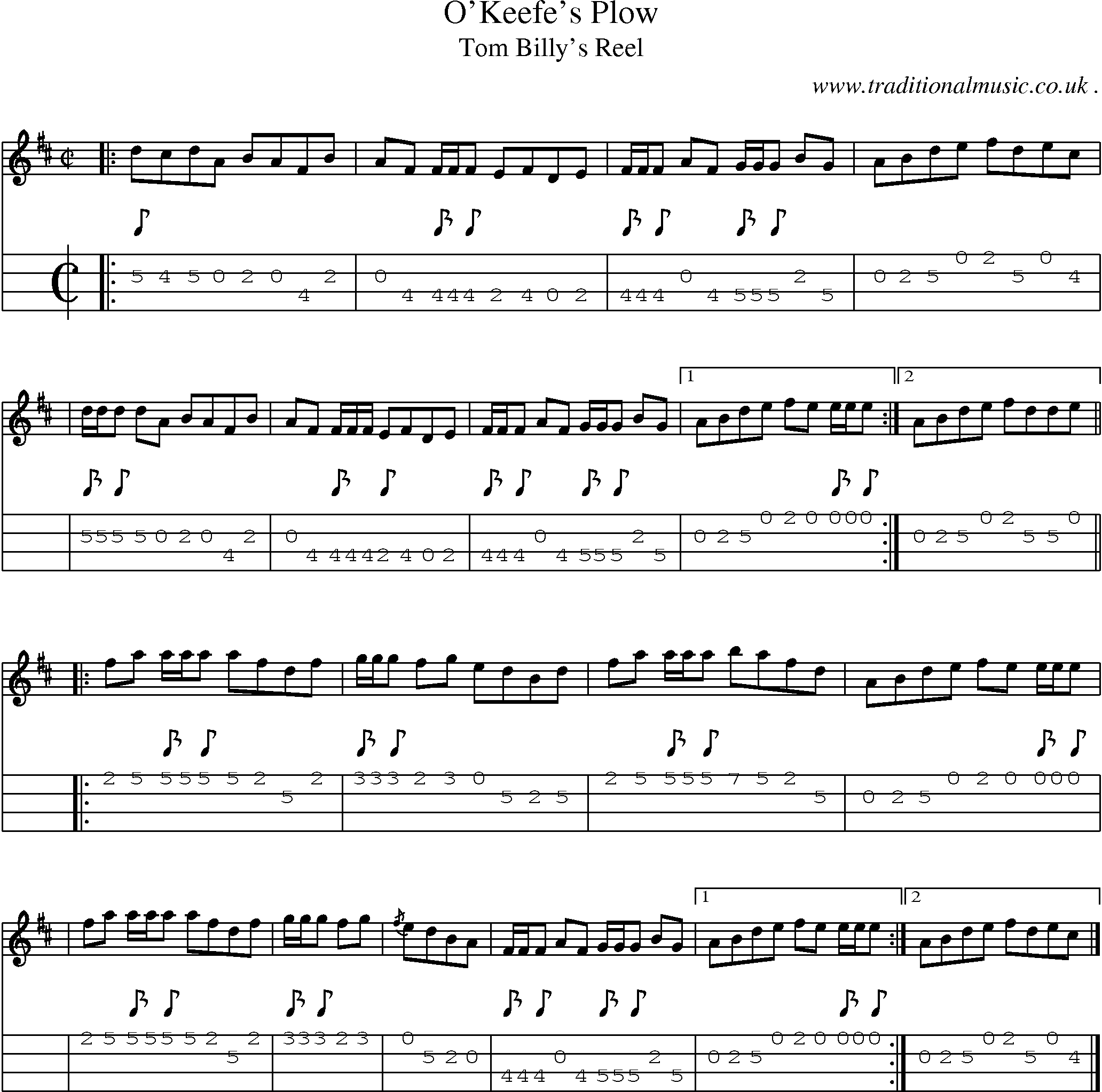 Sheet-music  score, Chords and Mandolin Tabs for Okeefes Plow
