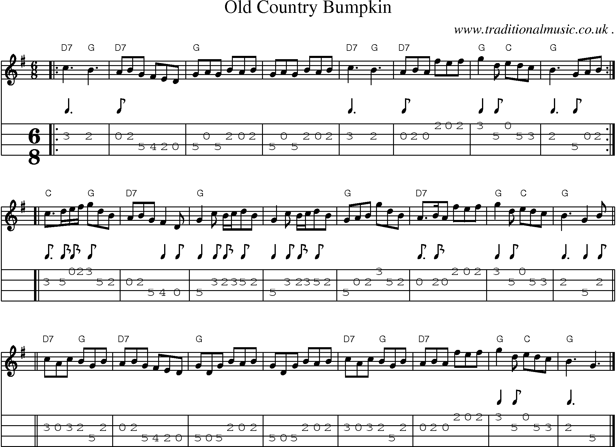Sheet-music  score, Chords and Mandolin Tabs for Old Country Bumpkin