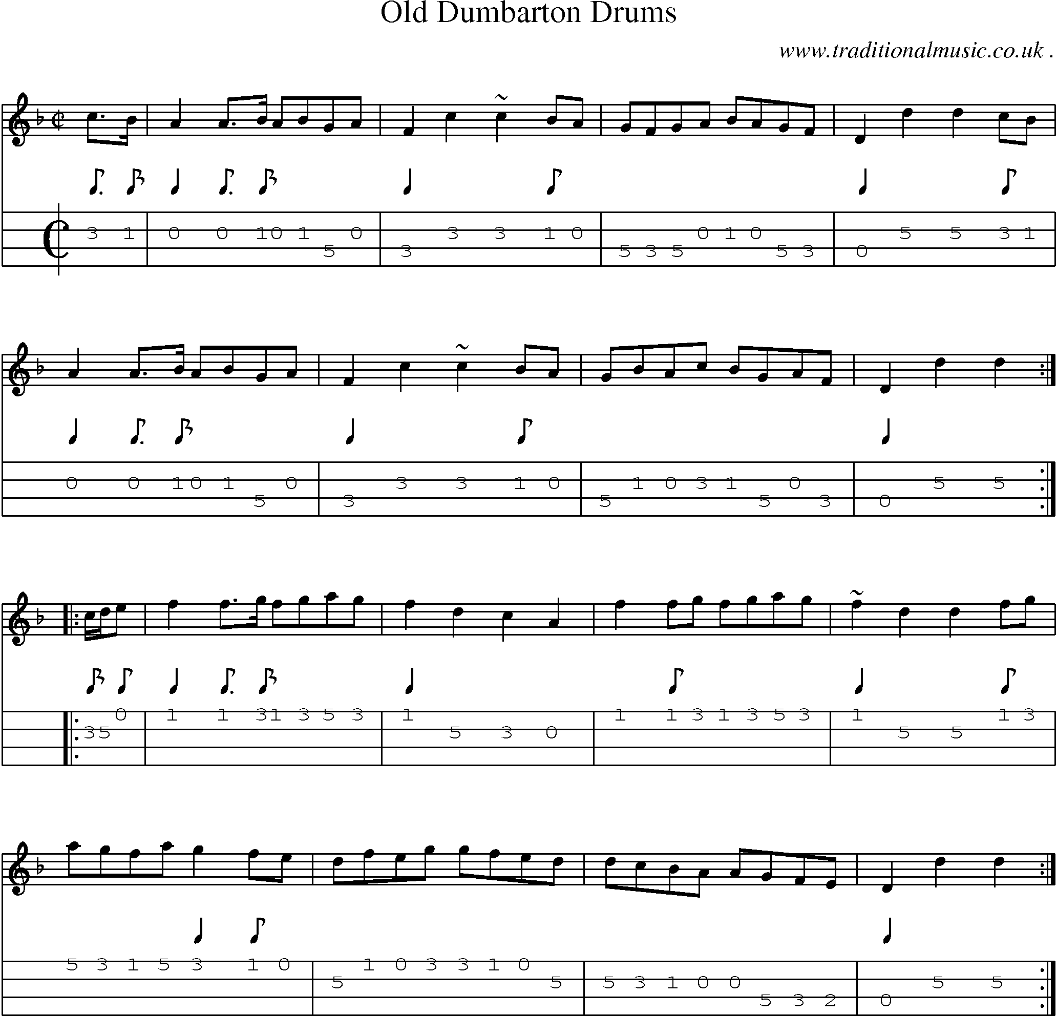 Sheet-music  score, Chords and Mandolin Tabs for Old Dumbarton Drums