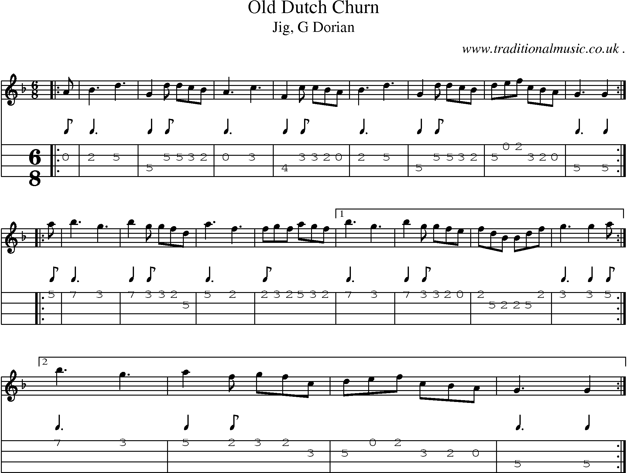 Sheet-music  score, Chords and Mandolin Tabs for Old Dutch Churn