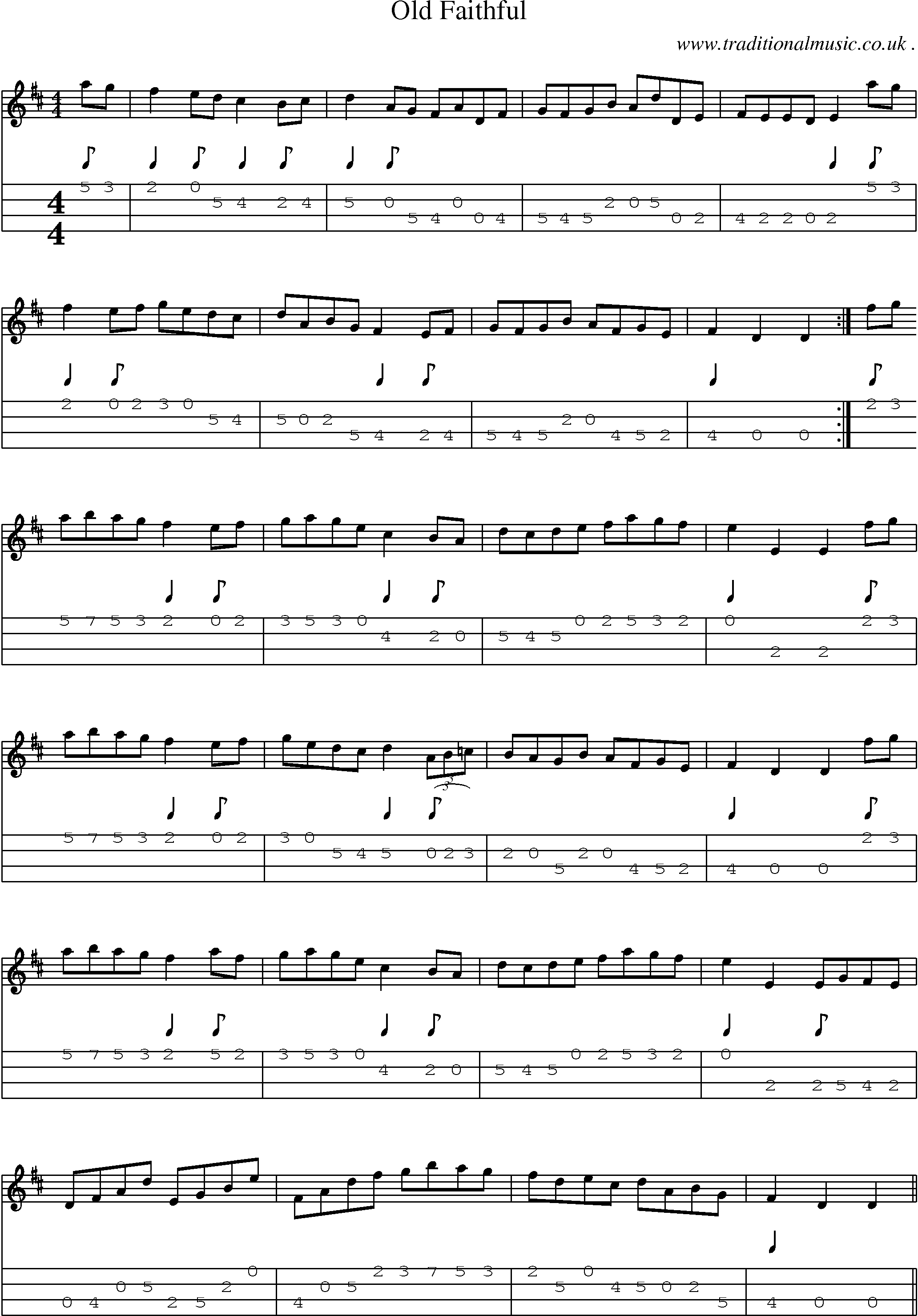 Sheet-music  score, Chords and Mandolin Tabs for Old Faithful