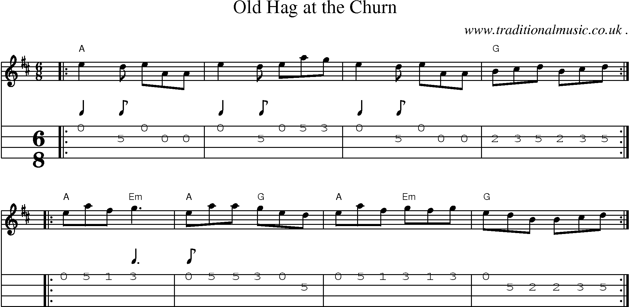Sheet-music  score, Chords and Mandolin Tabs for Old Hag At The Churn