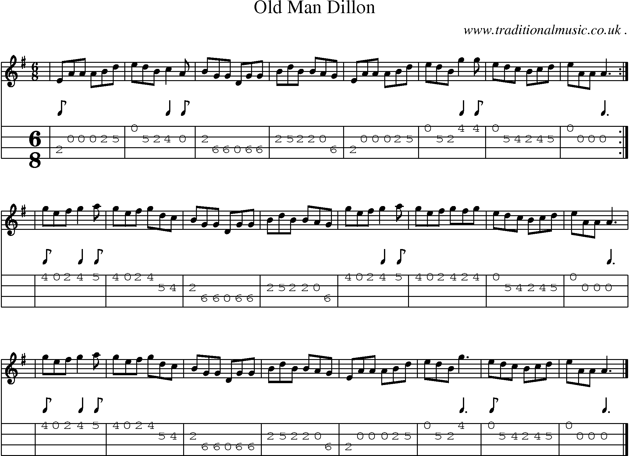 Sheet-music  score, Chords and Mandolin Tabs for Old Man Dillon