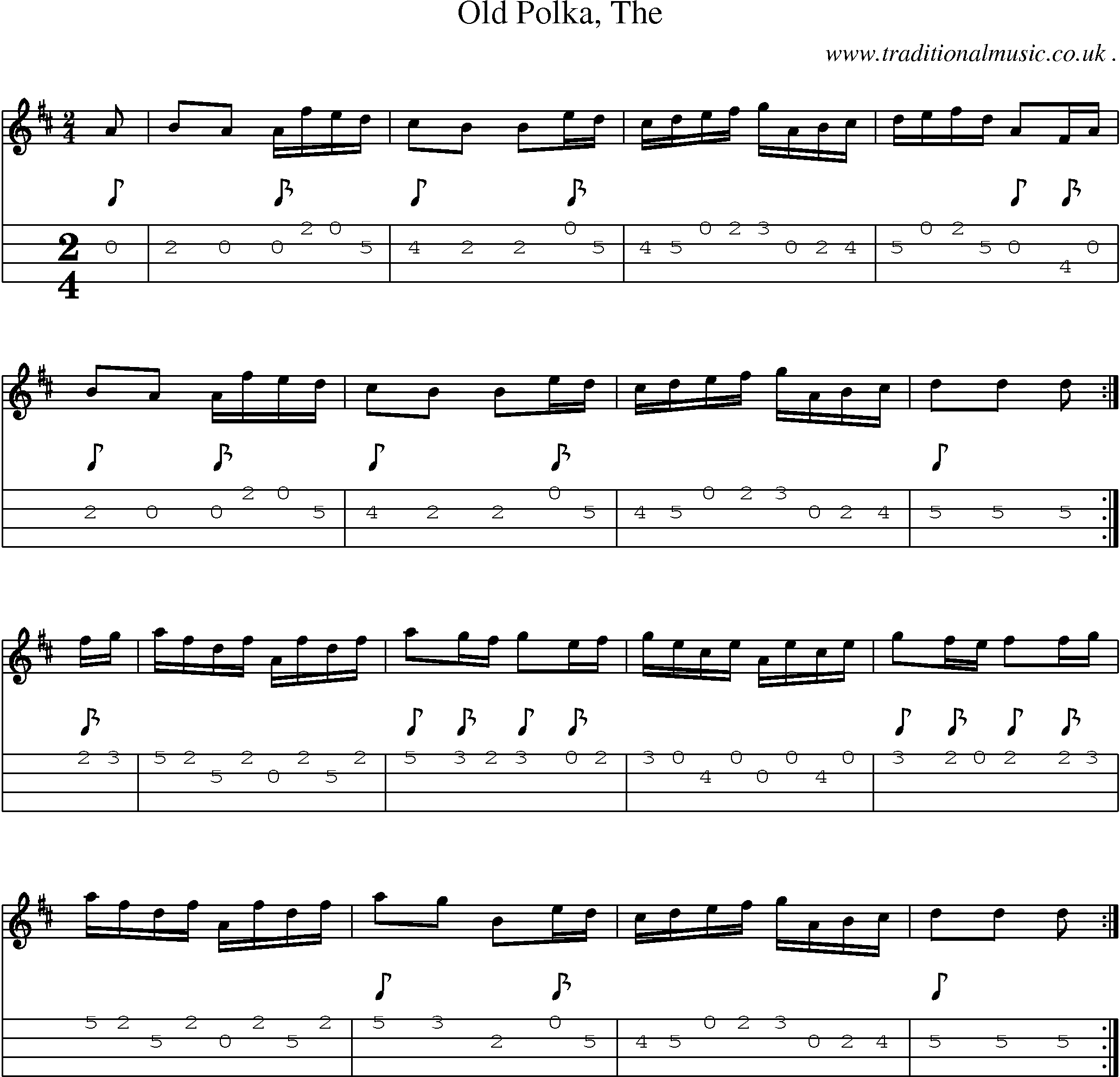Sheet-music  score, Chords and Mandolin Tabs for Old Polka The