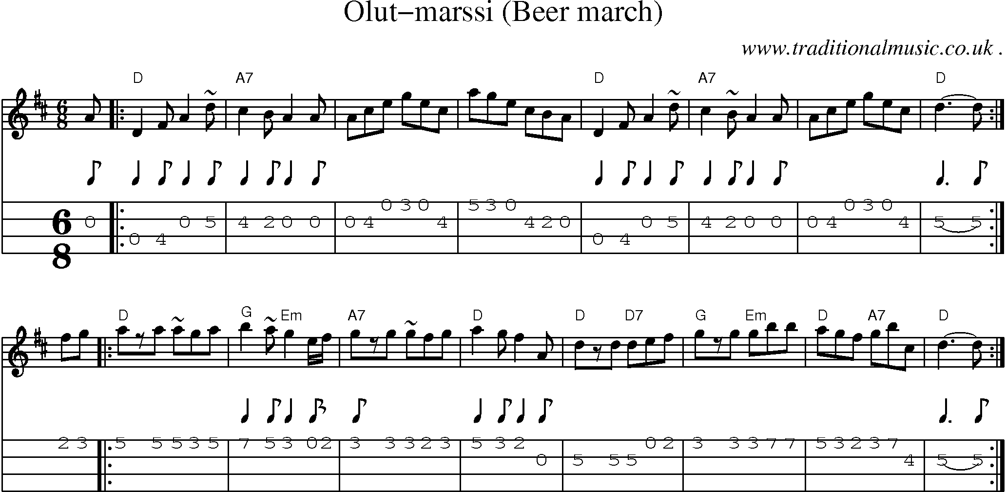 Sheet-music  score, Chords and Mandolin Tabs for Olut-marssi Beer March