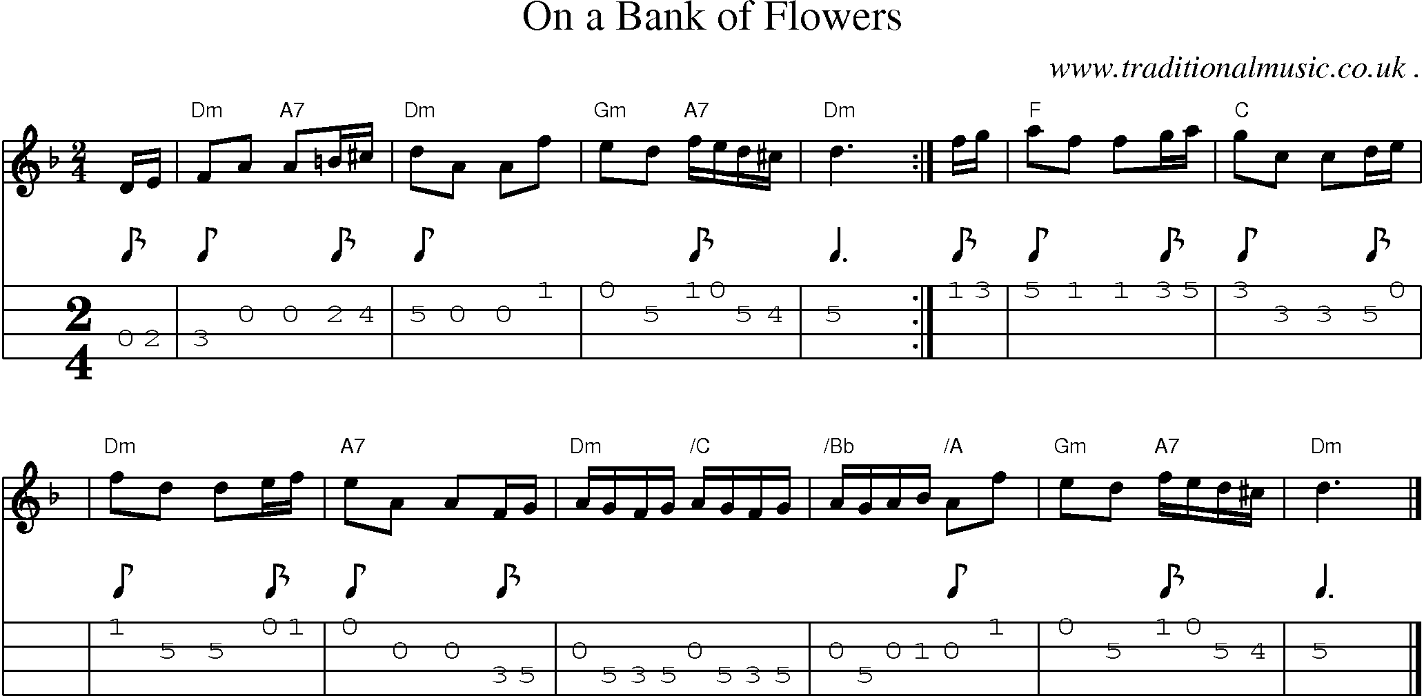 Sheet-music  score, Chords and Mandolin Tabs for On A Bank Of Flowers