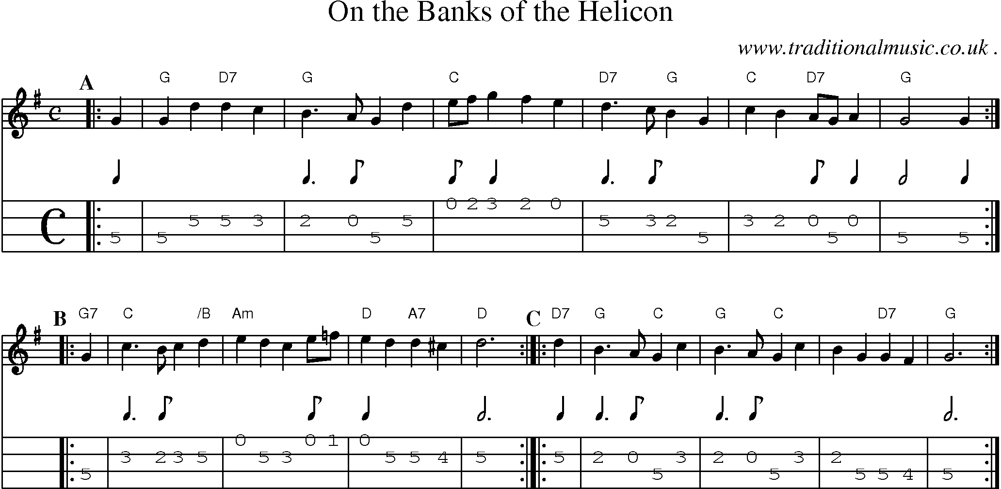 Sheet-music  score, Chords and Mandolin Tabs for On The Banks Of The Helicon