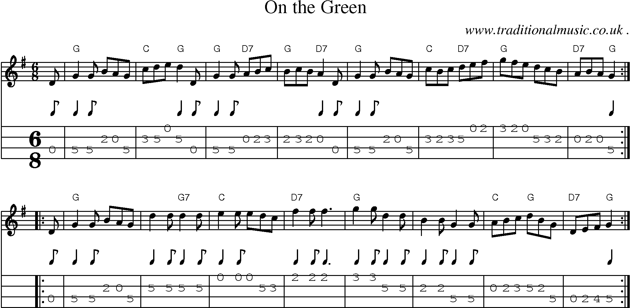 Sheet-music  score, Chords and Mandolin Tabs for On The Green