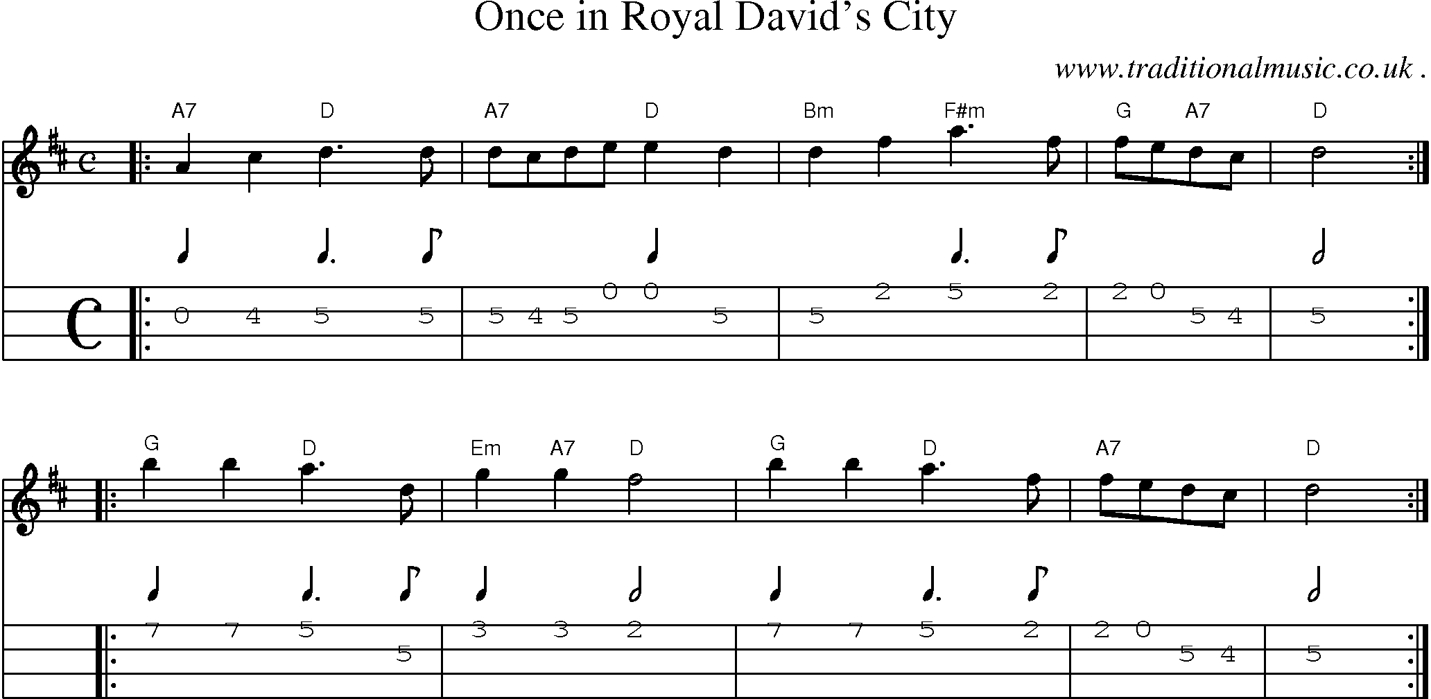 Sheet-music  score, Chords and Mandolin Tabs for Once In Royal Davids City