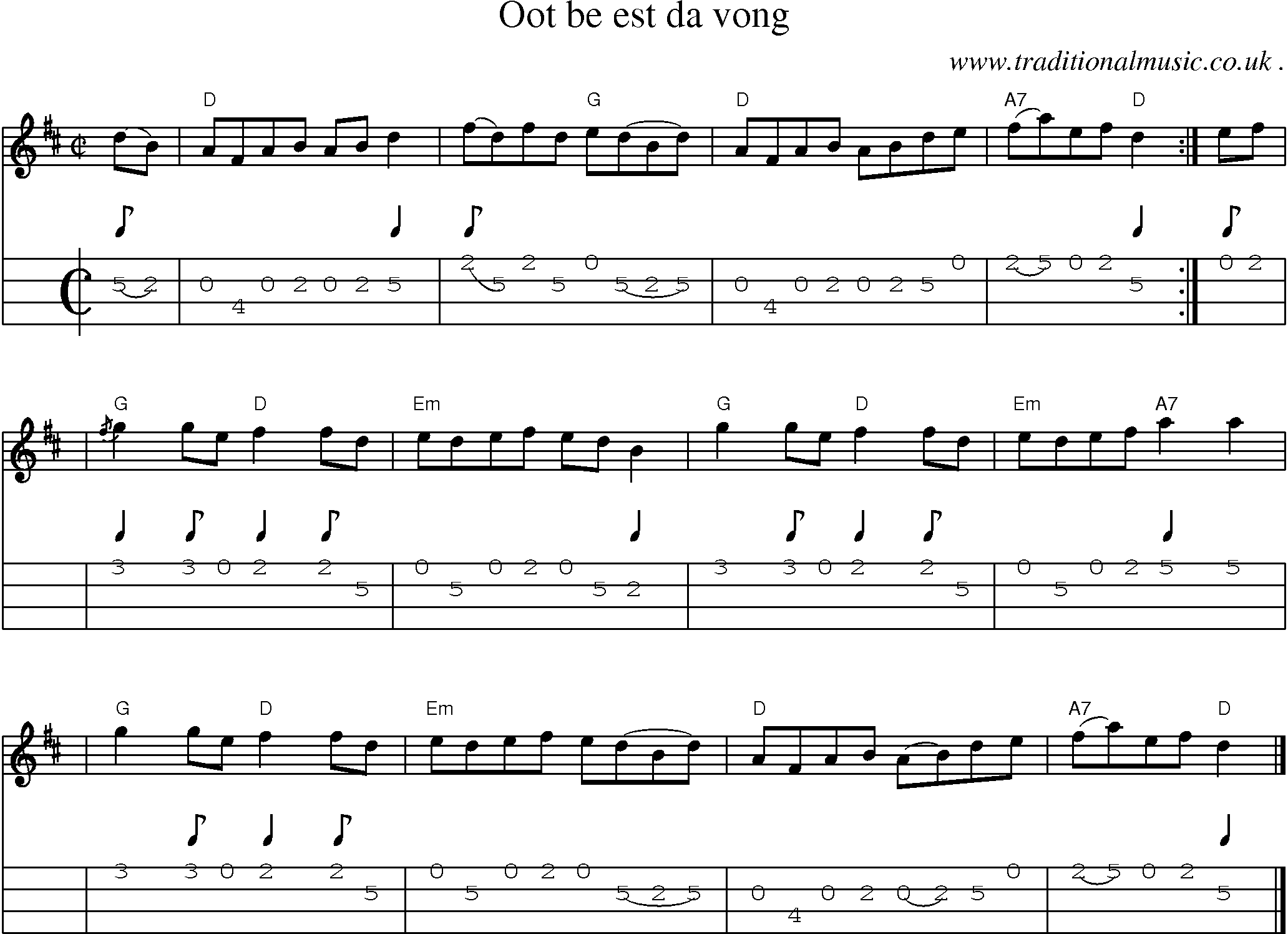 Sheet-music  score, Chords and Mandolin Tabs for Oot Be Est Da Vong