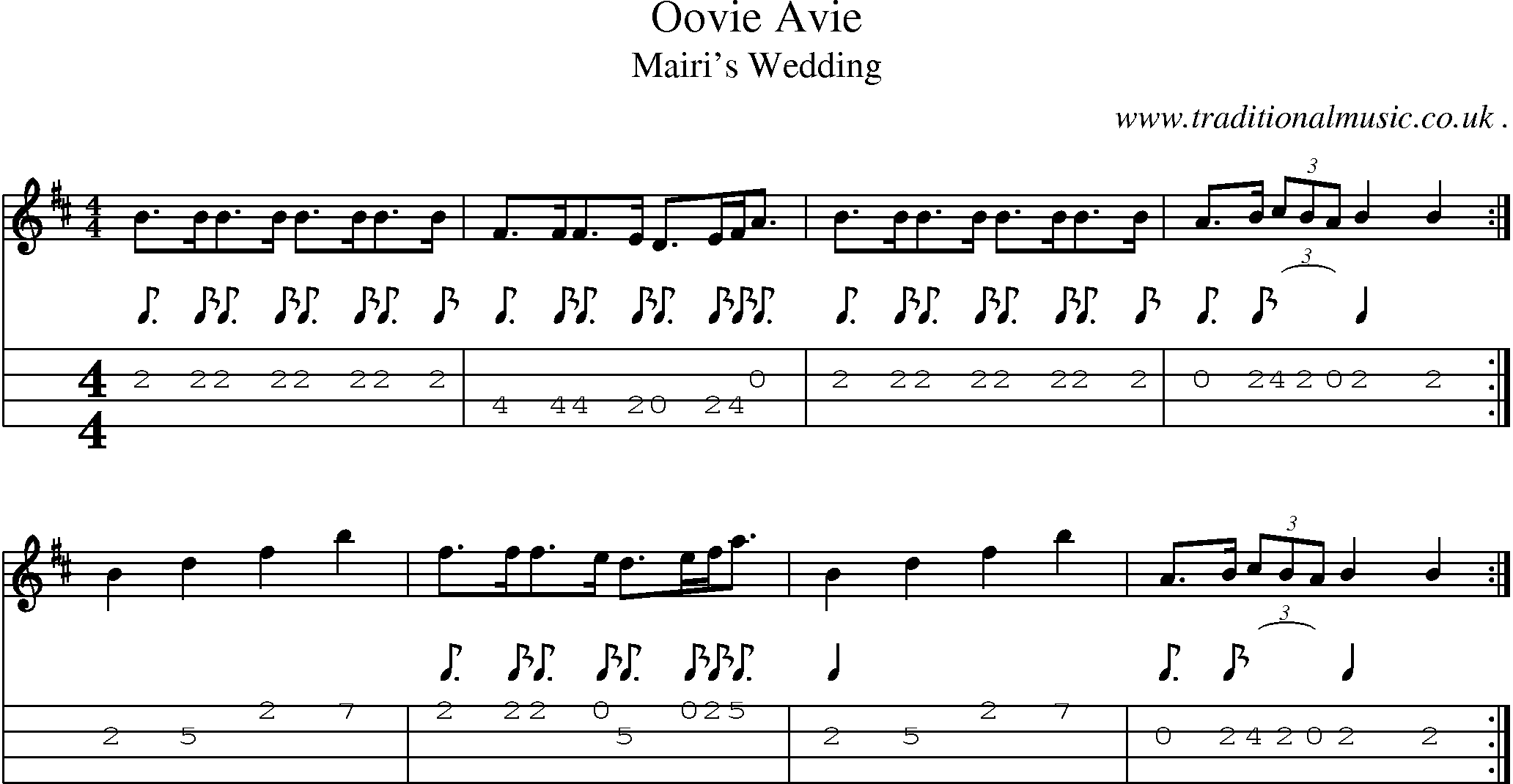 Sheet-music  score, Chords and Mandolin Tabs for Oovie Avie