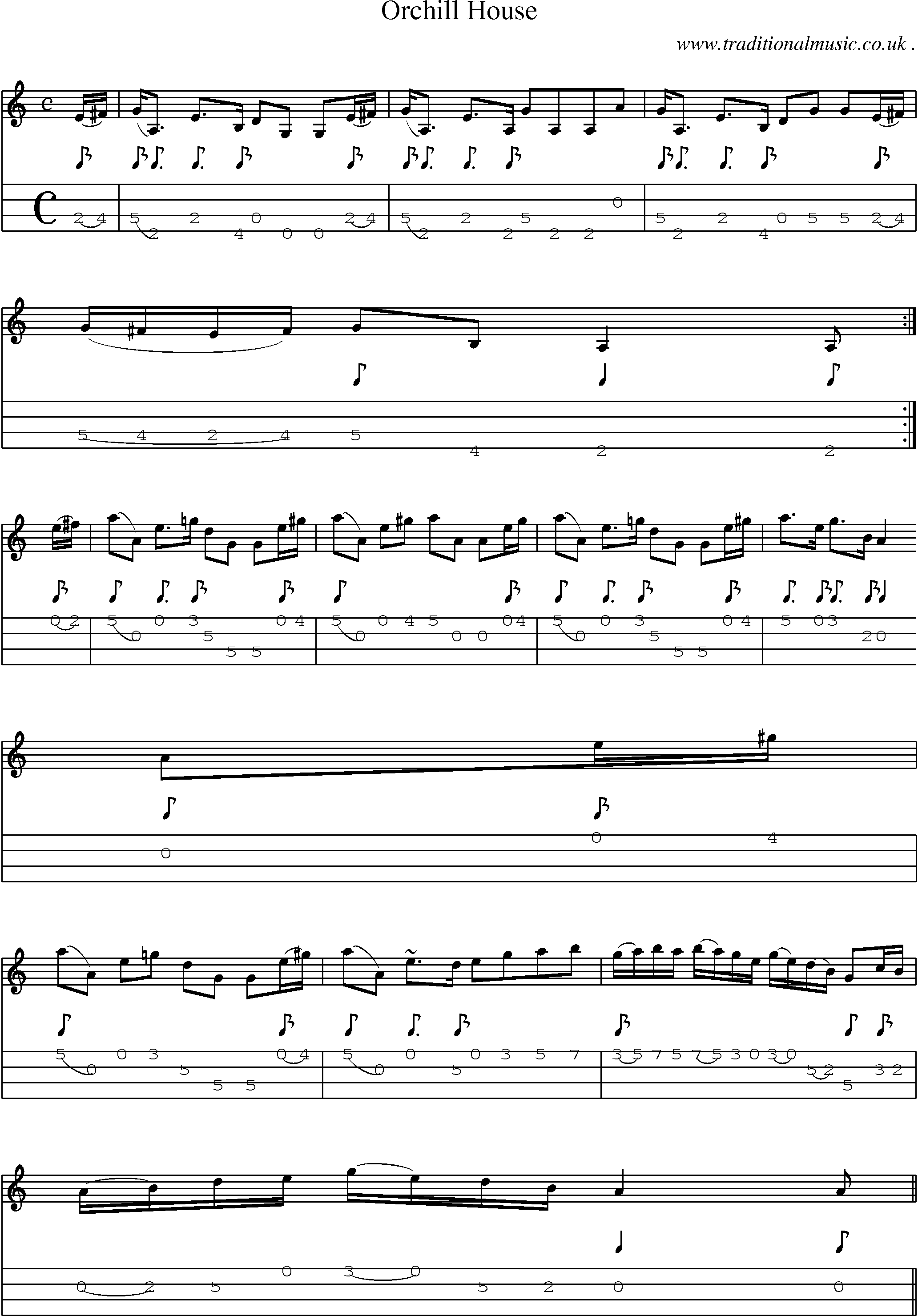 Sheet-music  score, Chords and Mandolin Tabs for Orchill House