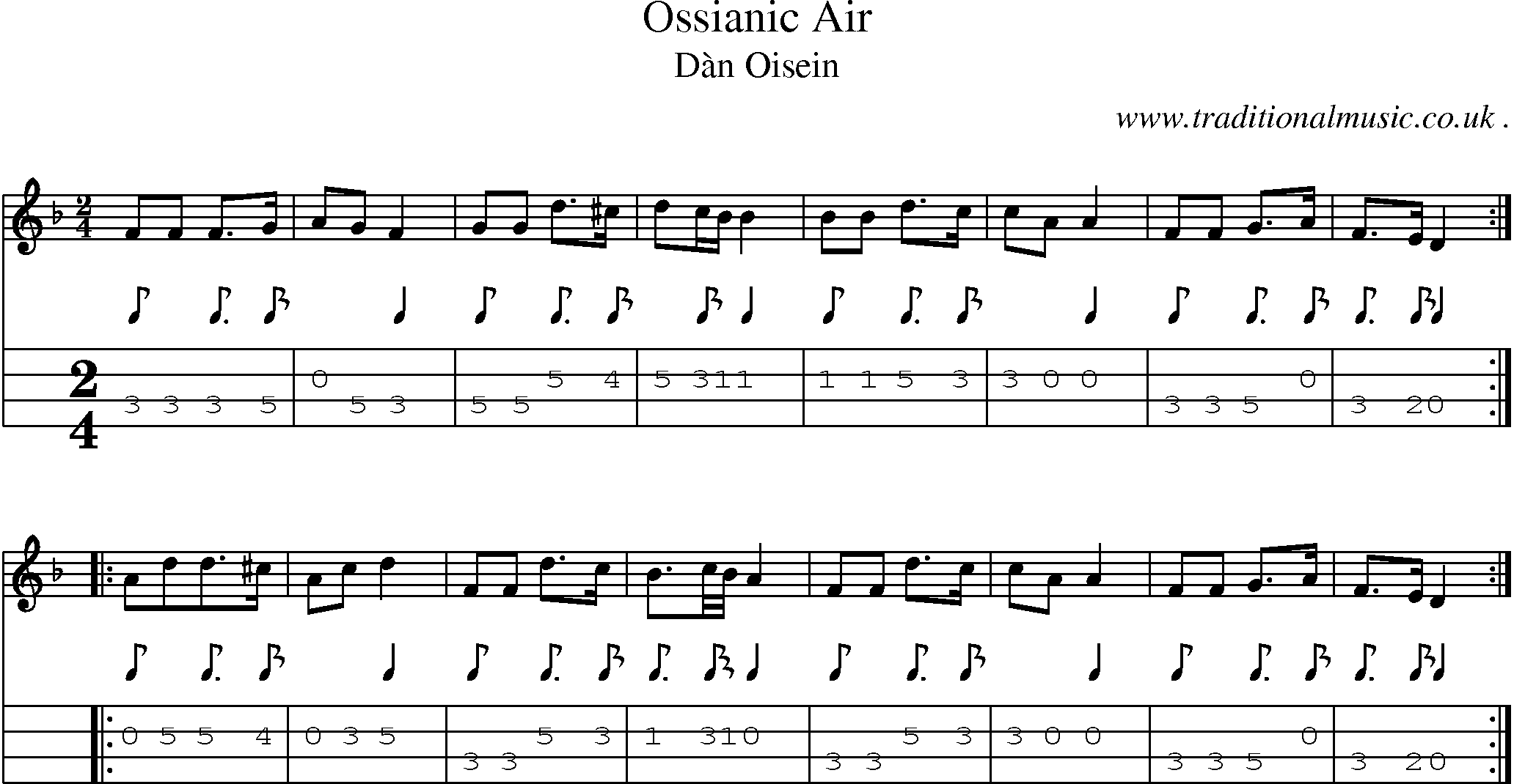 Sheet-music  score, Chords and Mandolin Tabs for Ossianic Air