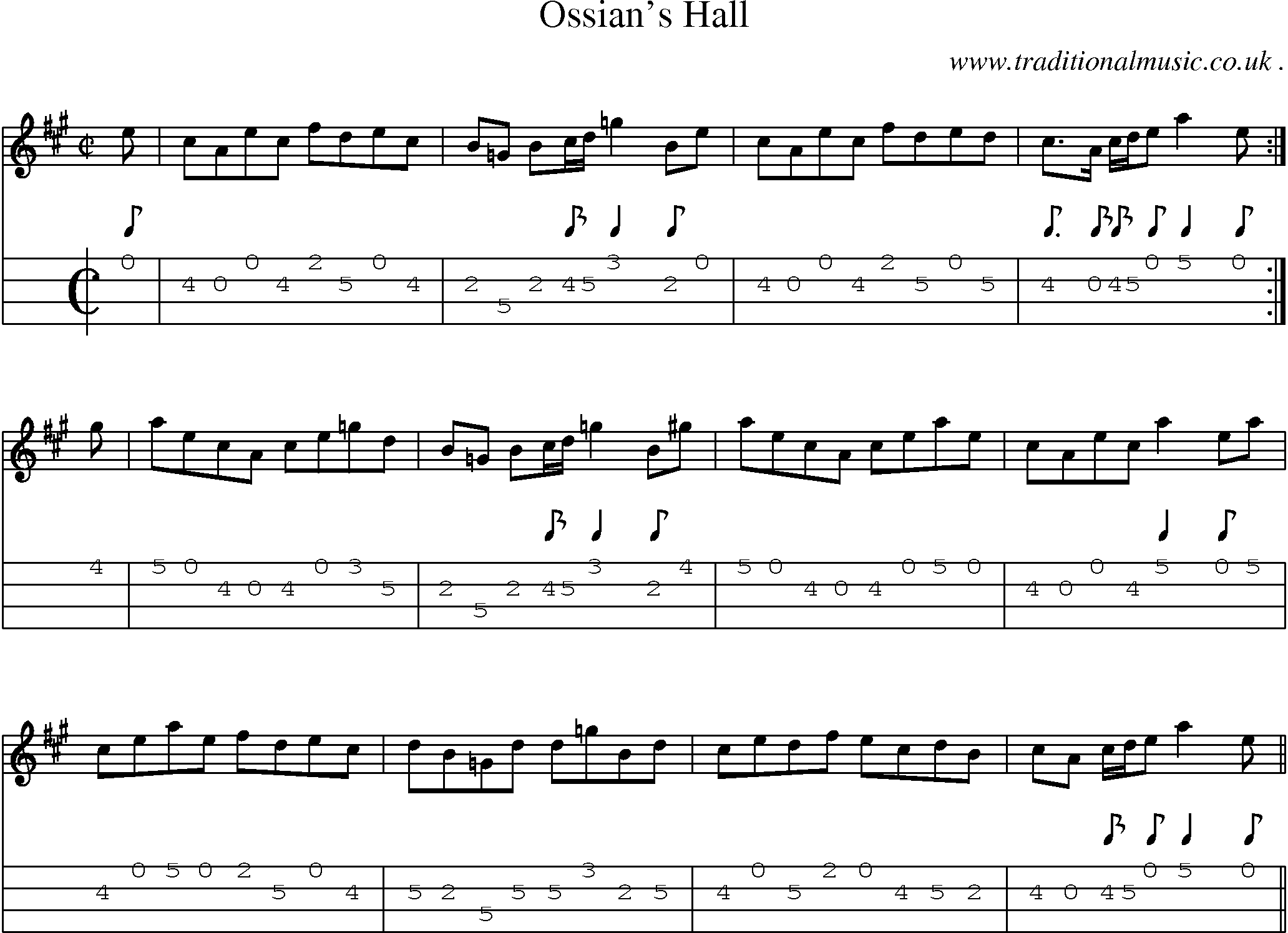 Sheet-music  score, Chords and Mandolin Tabs for Ossians Hall