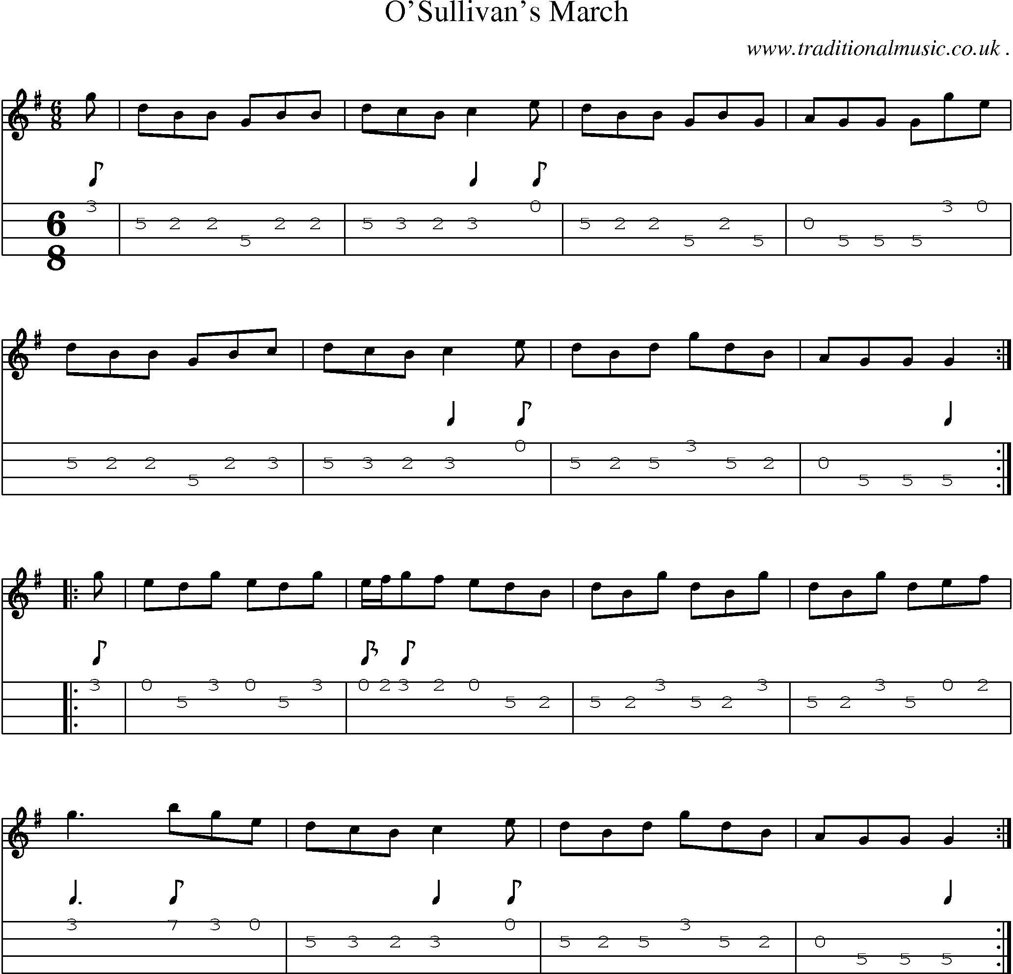 Sheet-music  score, Chords and Mandolin Tabs for Osullivans March