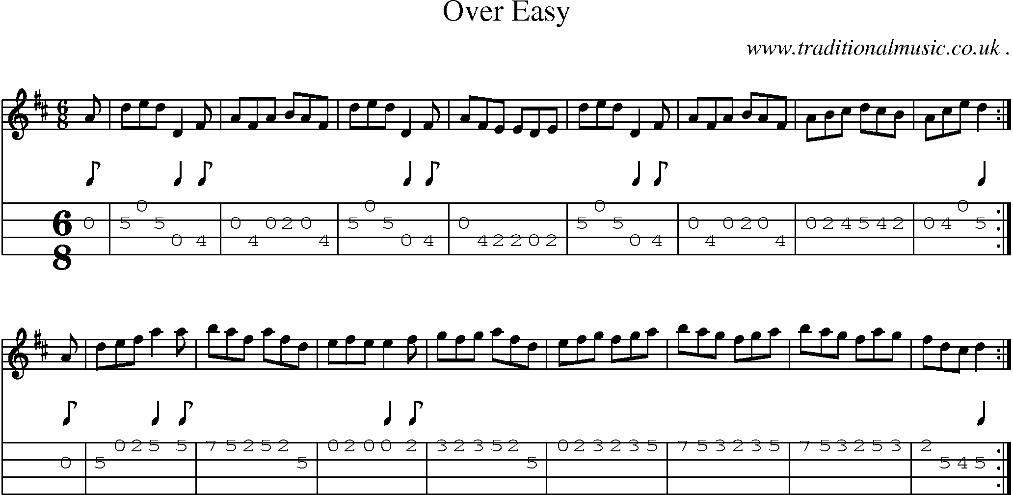 Sheet-music  score, Chords and Mandolin Tabs for Over Easy