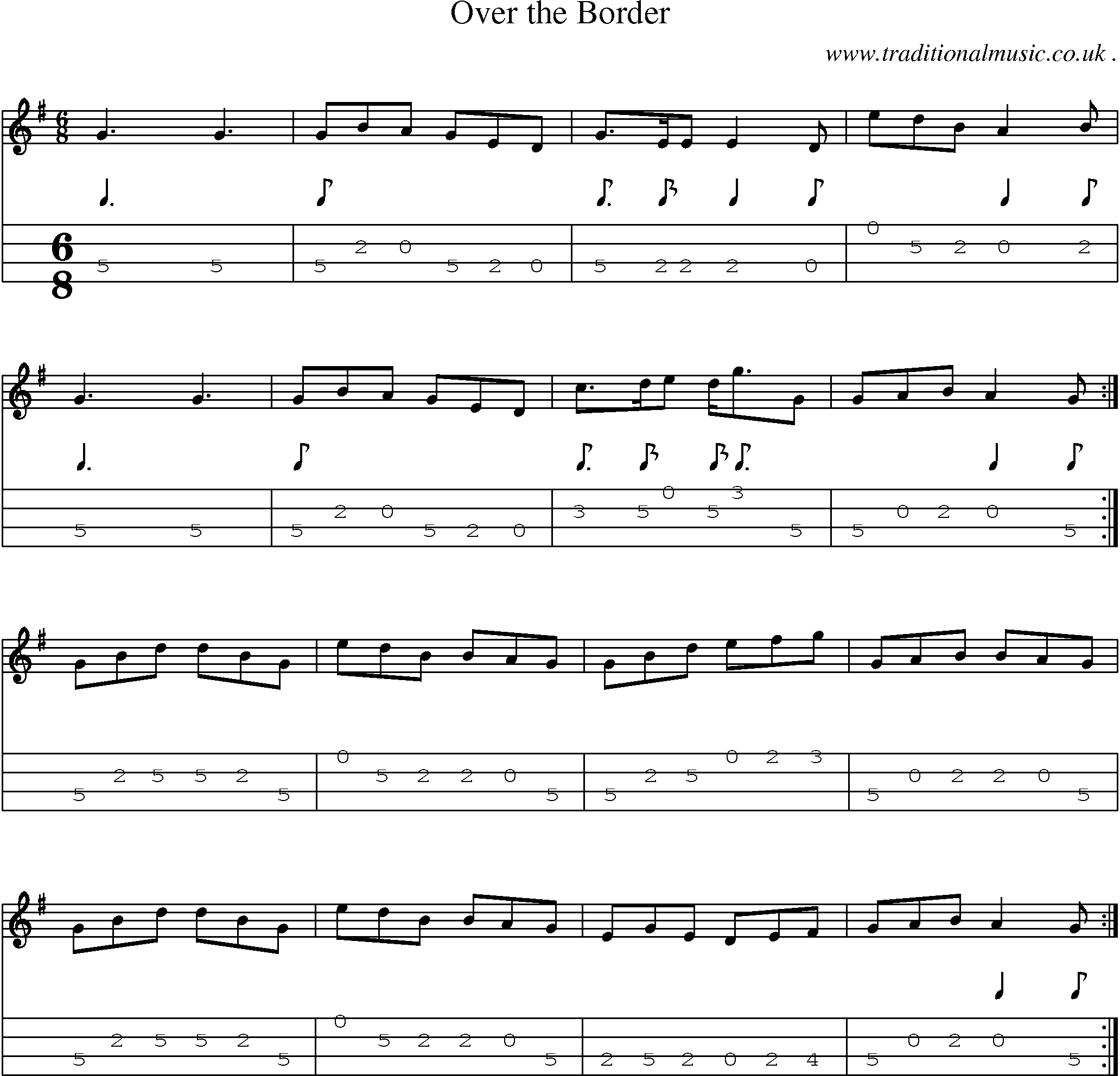 Sheet-music  score, Chords and Mandolin Tabs for Over The Border