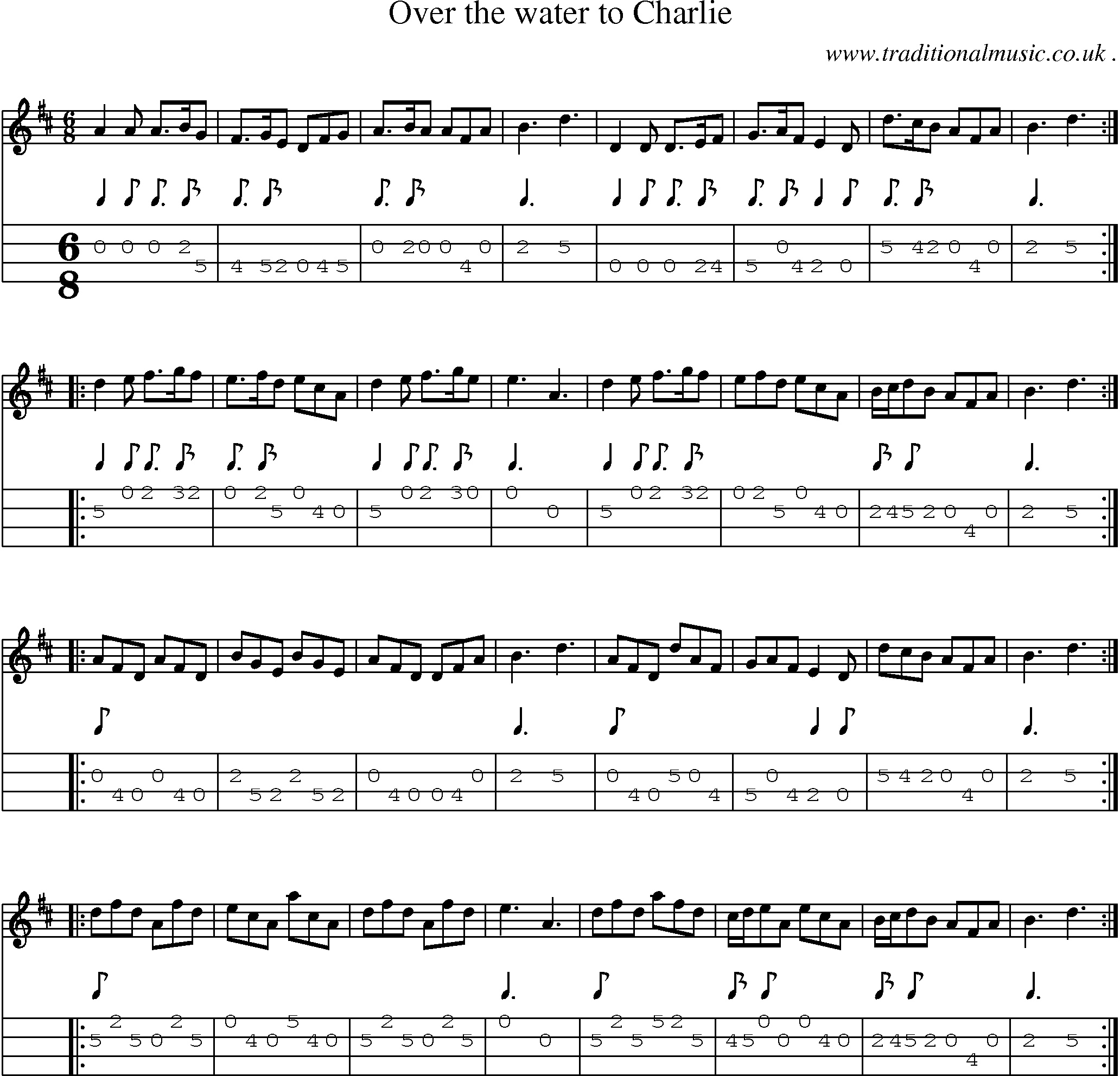 Sheet-music  score, Chords and Mandolin Tabs for Over The Water To Charlie