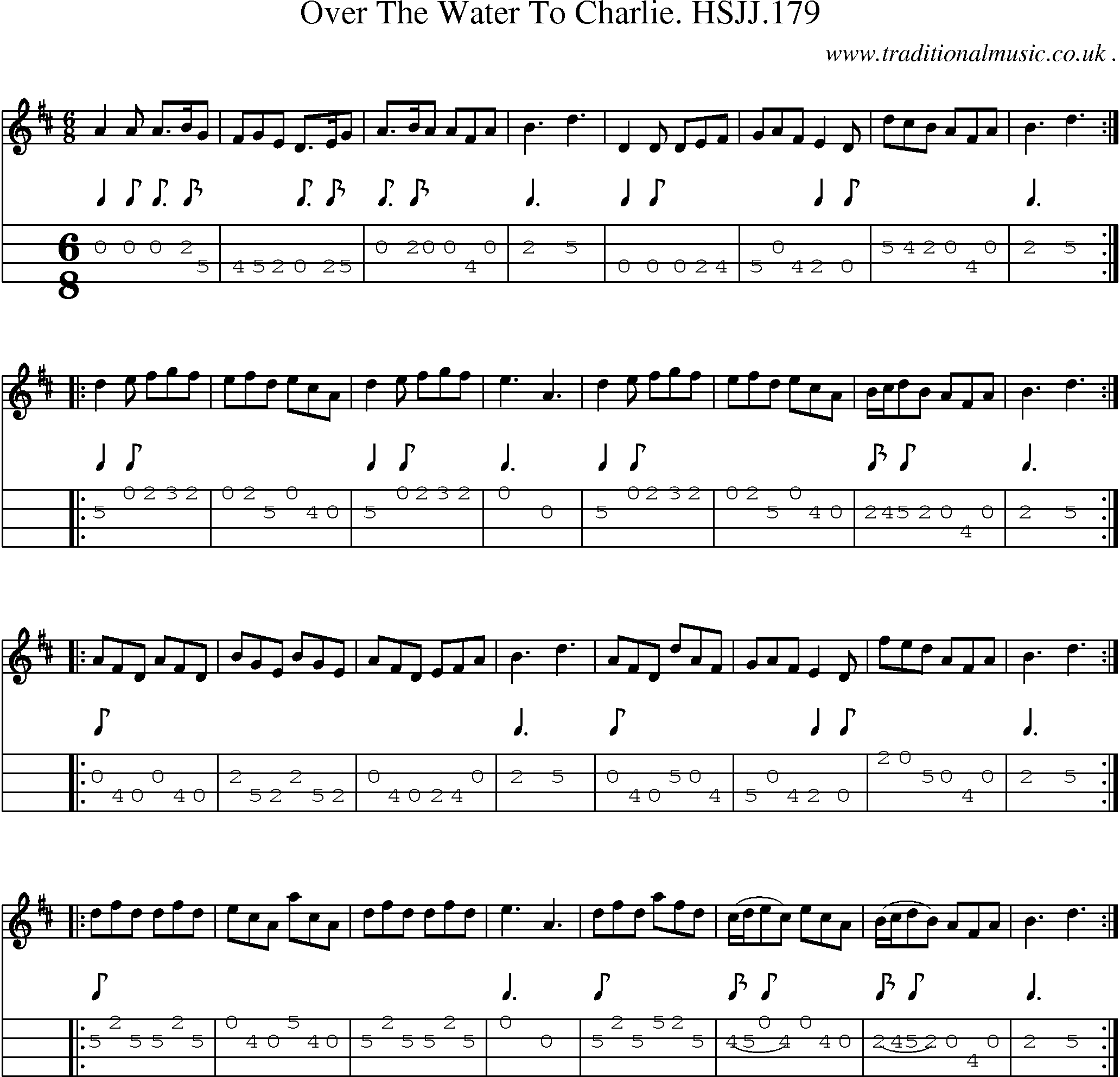 Sheet-music  score, Chords and Mandolin Tabs for Over The Water To Charlie Hsjj179