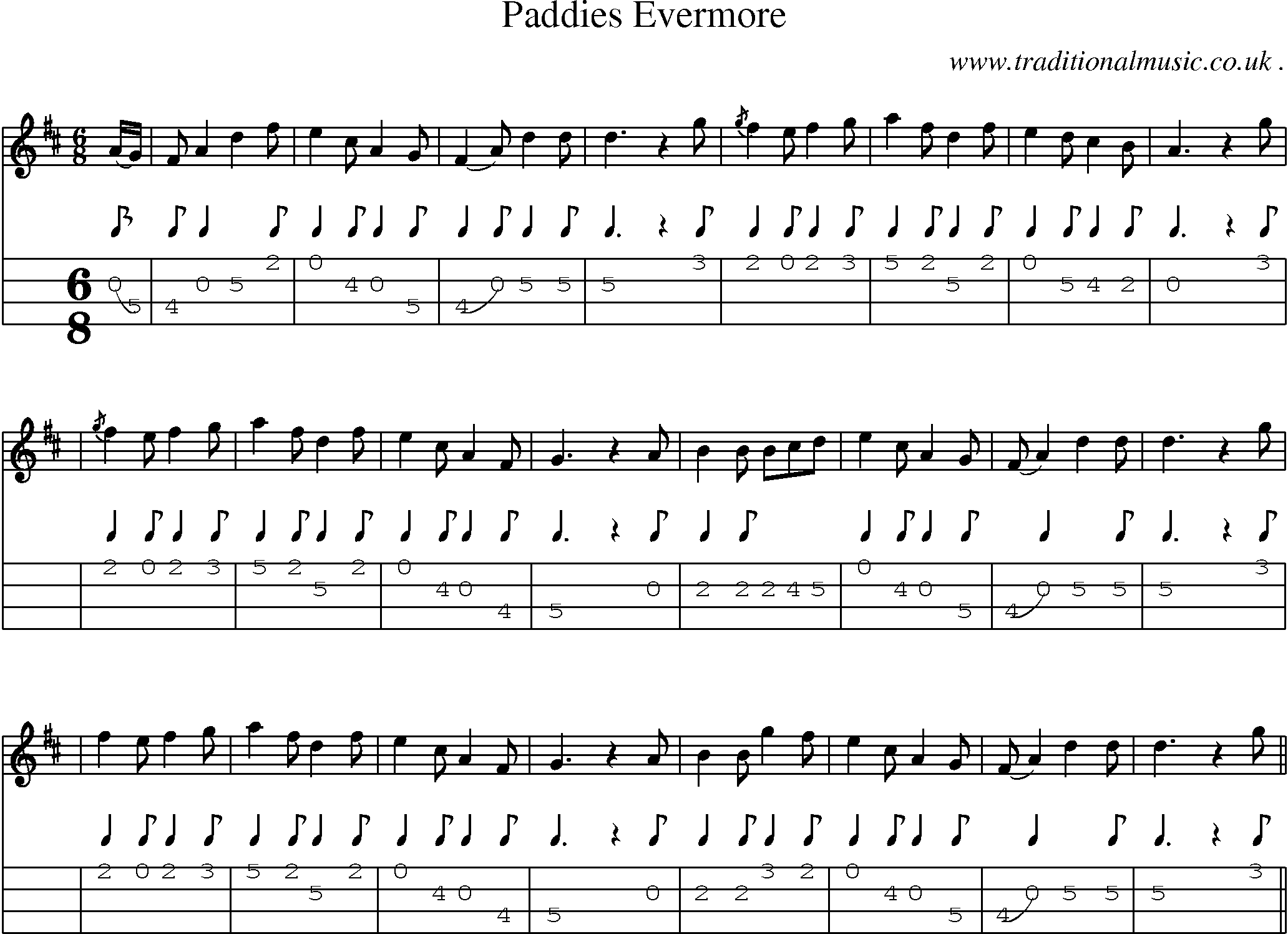 Sheet-music  score, Chords and Mandolin Tabs for Paddies Evermore