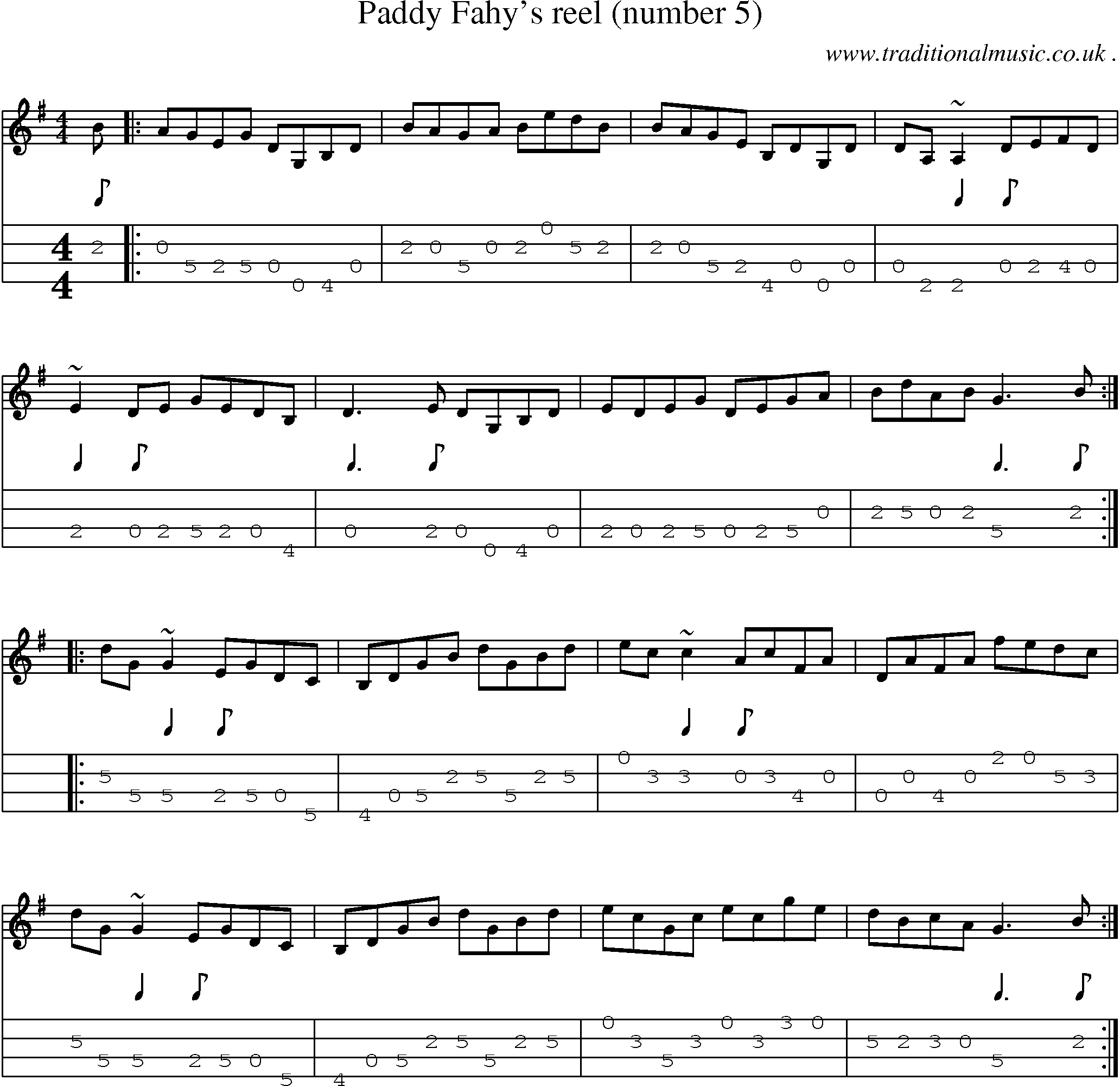 Sheet-music  score, Chords and Mandolin Tabs for Paddy Fahys Reel Number 5