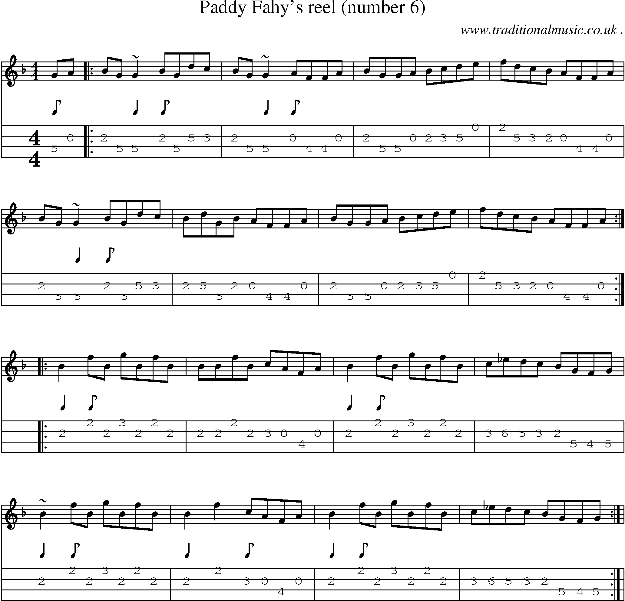 Sheet-music  score, Chords and Mandolin Tabs for Paddy Fahys Reel Number 6
