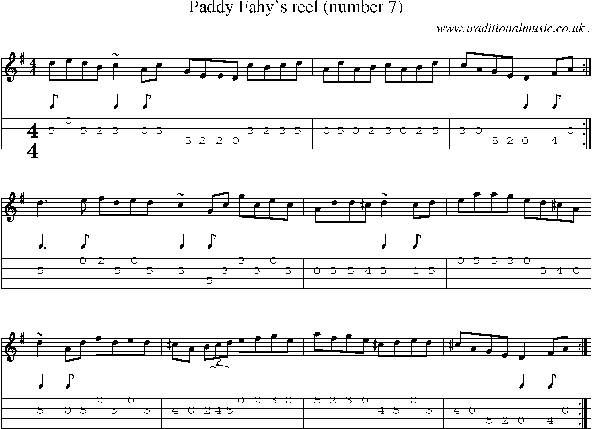 Sheet-music  score, Chords and Mandolin Tabs for Paddy Fahys Reel Number 7
