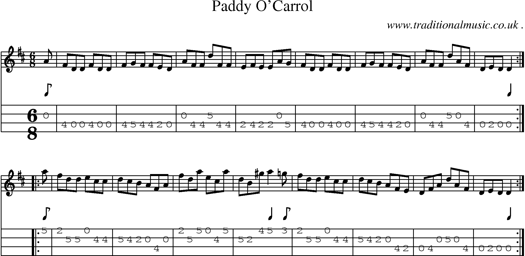 Sheet-music  score, Chords and Mandolin Tabs for Paddy Ocarrol