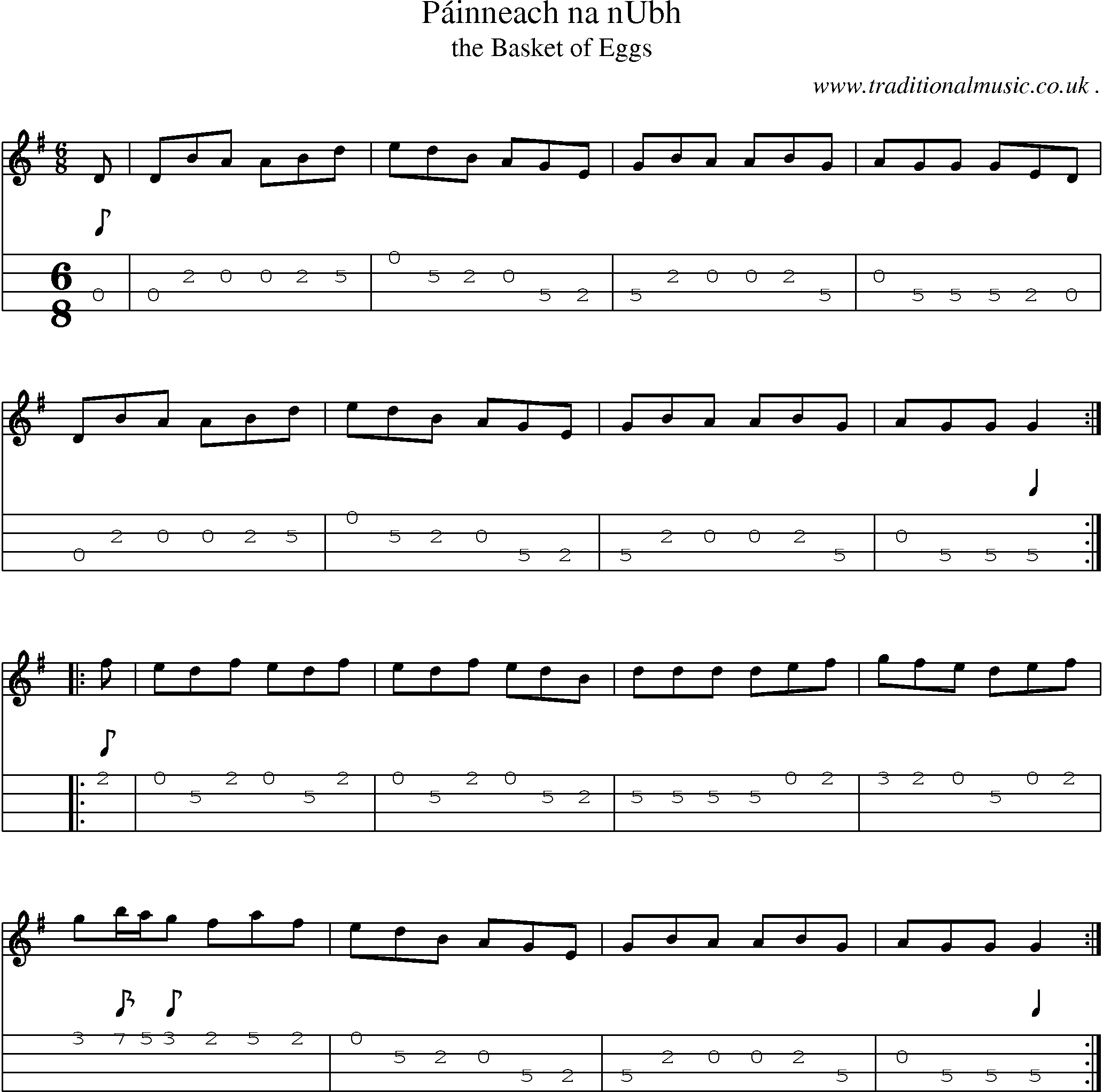 Sheet-music  score, Chords and Mandolin Tabs for Painneach Na Nubh
