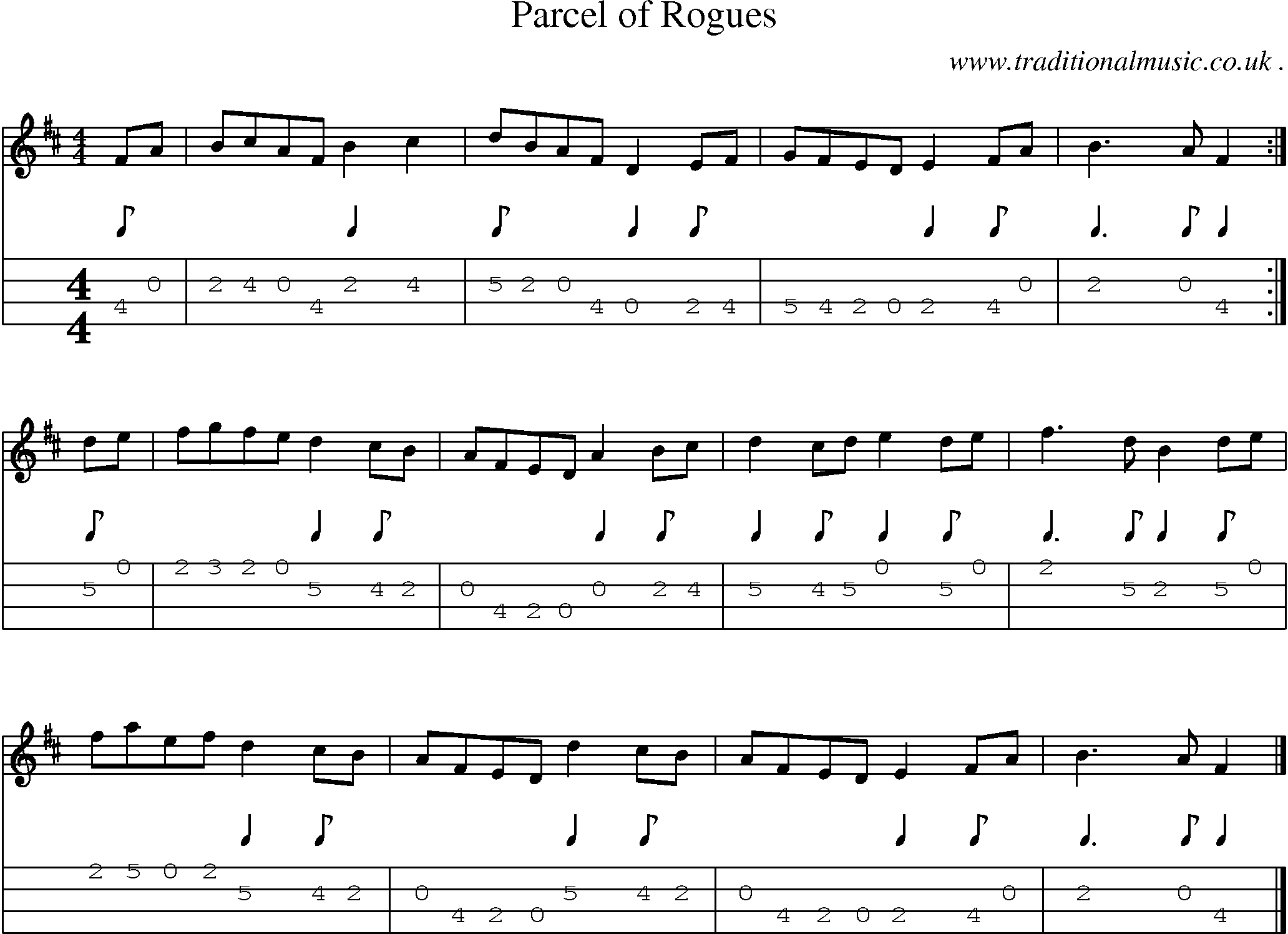 Sheet-music  score, Chords and Mandolin Tabs for Parcel Of Rogues