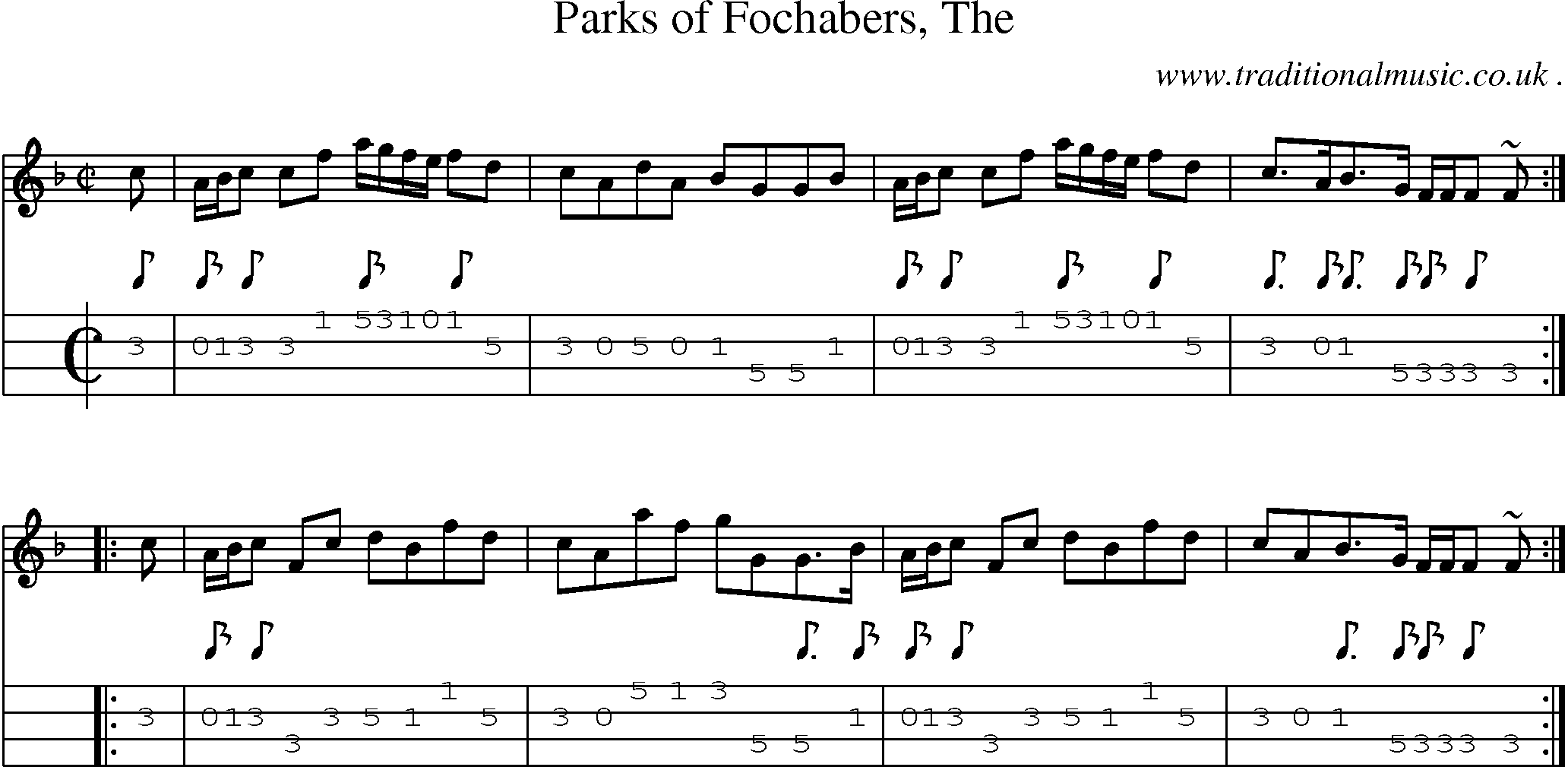 Sheet-music  score, Chords and Mandolin Tabs for Parks Of Fochabers The