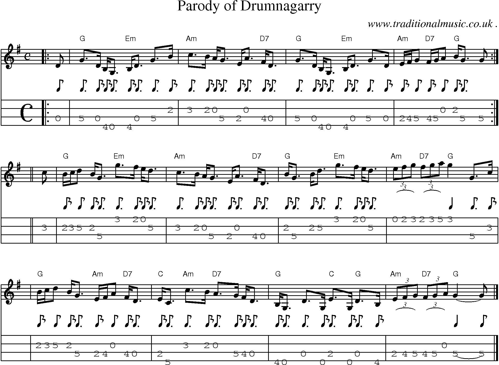 Sheet-music  score, Chords and Mandolin Tabs for Parody Of Drumnagarry