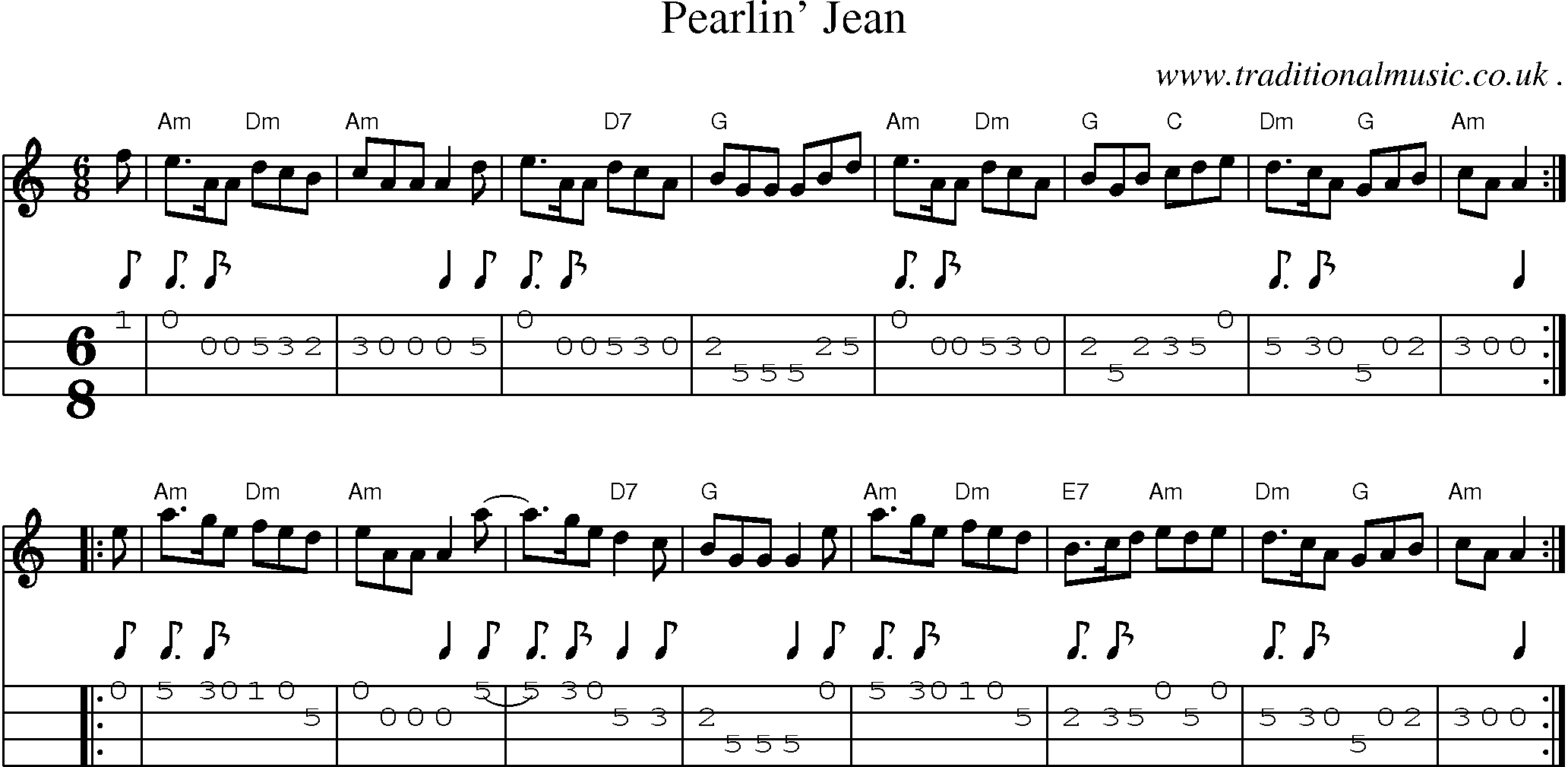Sheet-music  score, Chords and Mandolin Tabs for Pearlin Jean